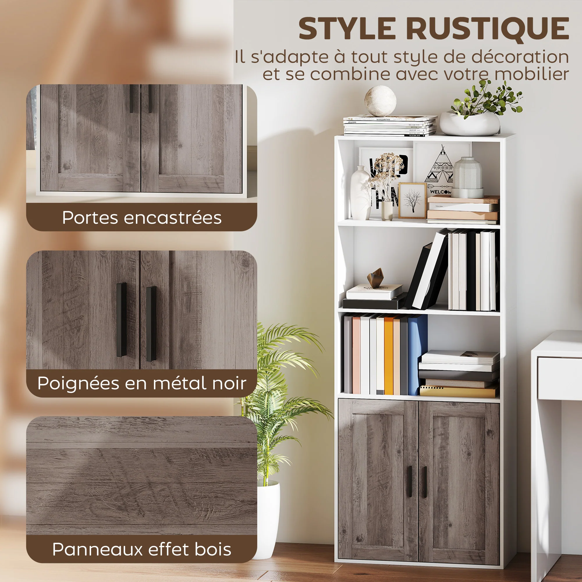 Bibliothèque meuble de rangement étagère à livres 5 niveaux avec compartiments ouverts et 1 placard, cadre en bois, pour salon, bureau, salle à manger, blanc - Image 7