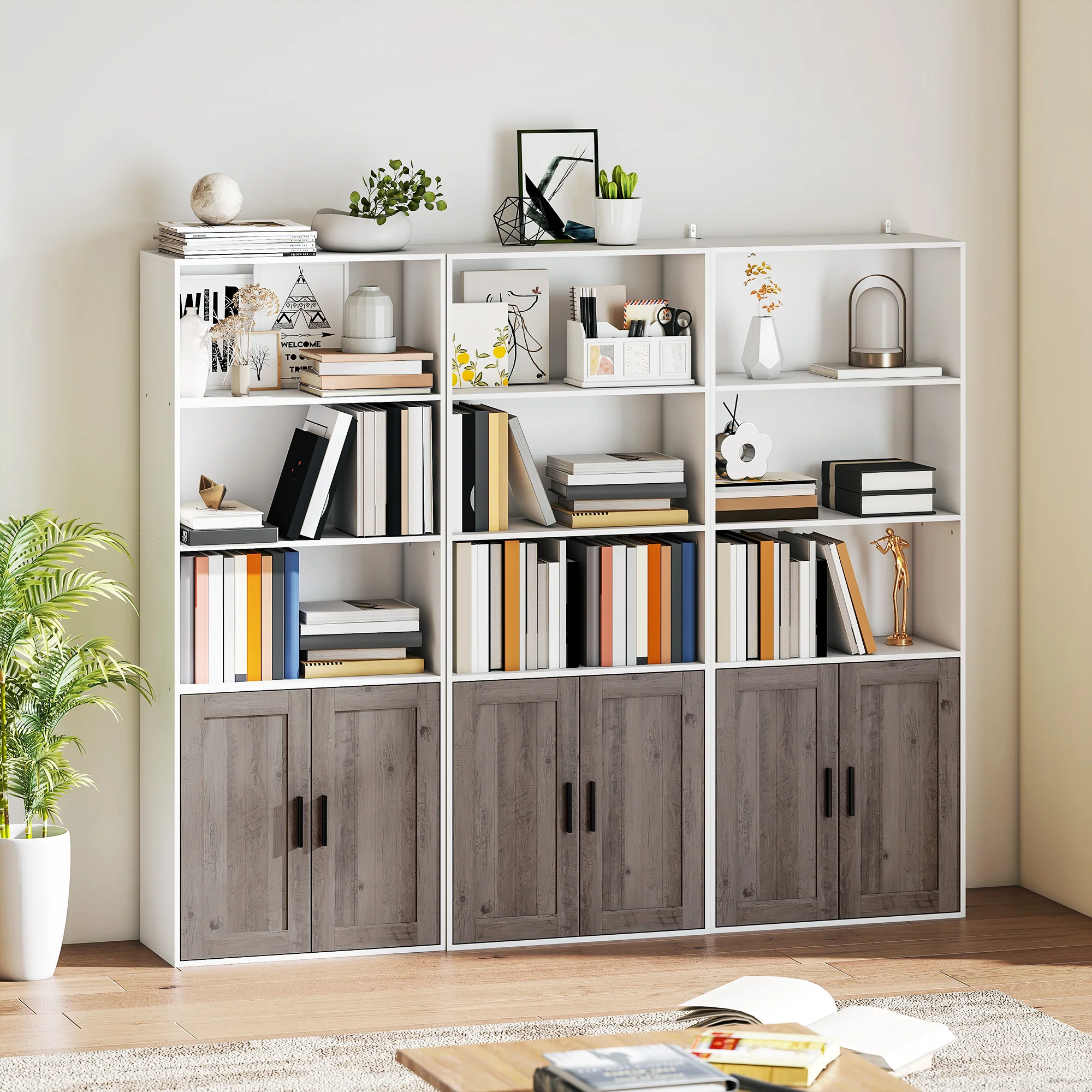 Bibliothèque meuble de rangement étagère à livres 5 niveaux avec compartiments ouverts et 1 placard, cadre en bois, pour salon, bureau, salle à manger, blanc - Image 9