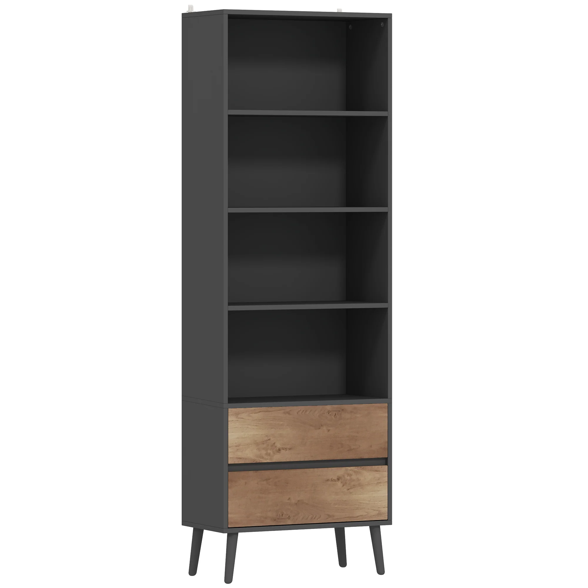 Bibliothèque meuble de rangement étagere à livres avec 4 compartiments ouverts et 2 tiroirs, étagère de rangement pour salon, chambre, bureau, 60 x 30 x 179 cm, gris - Image 2