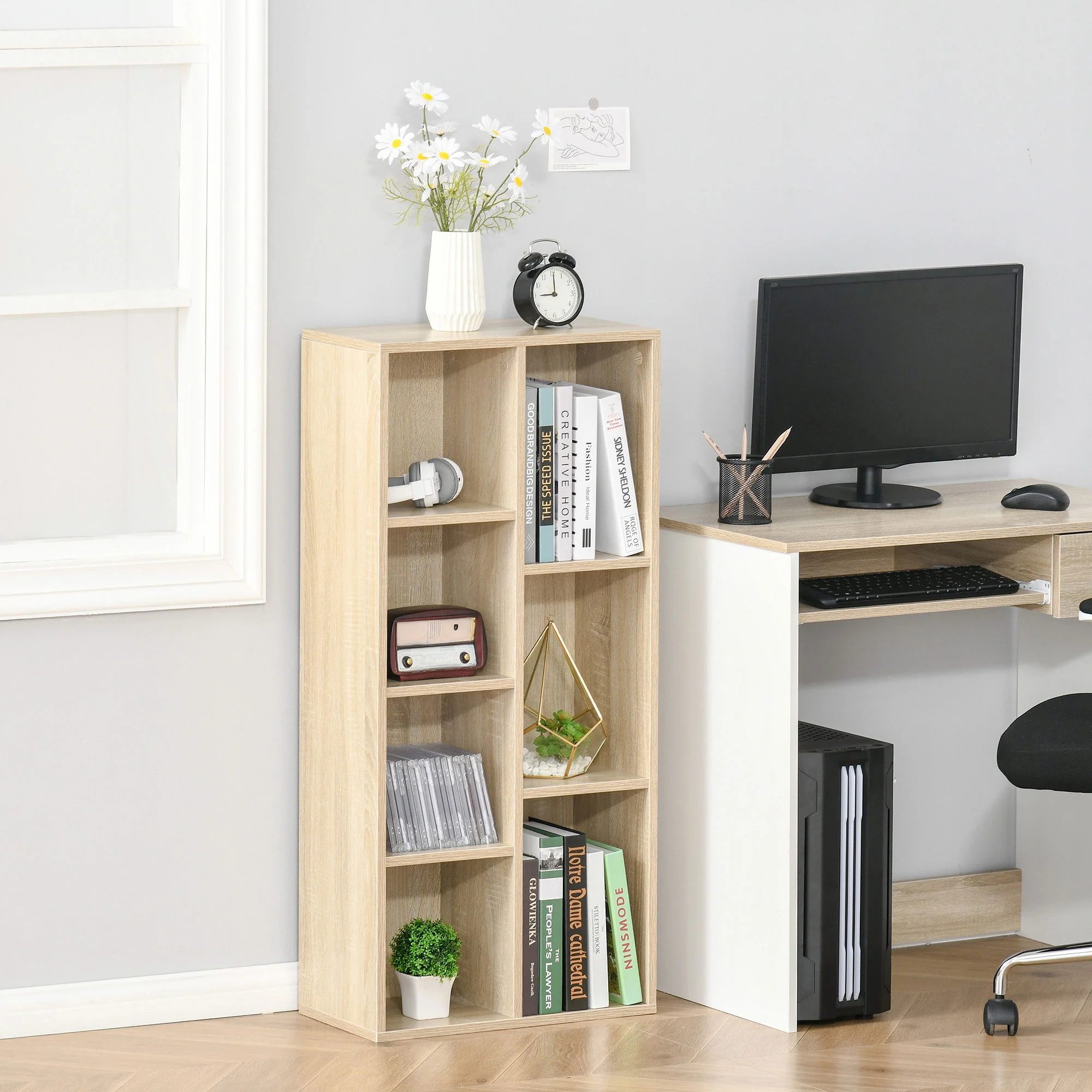 Bibliothèque meuble de rangement étagère cube avec 7 compartiments pour salon, chambre, bureau - 50l x 24P x 106H cm, bois naturel - Image 3