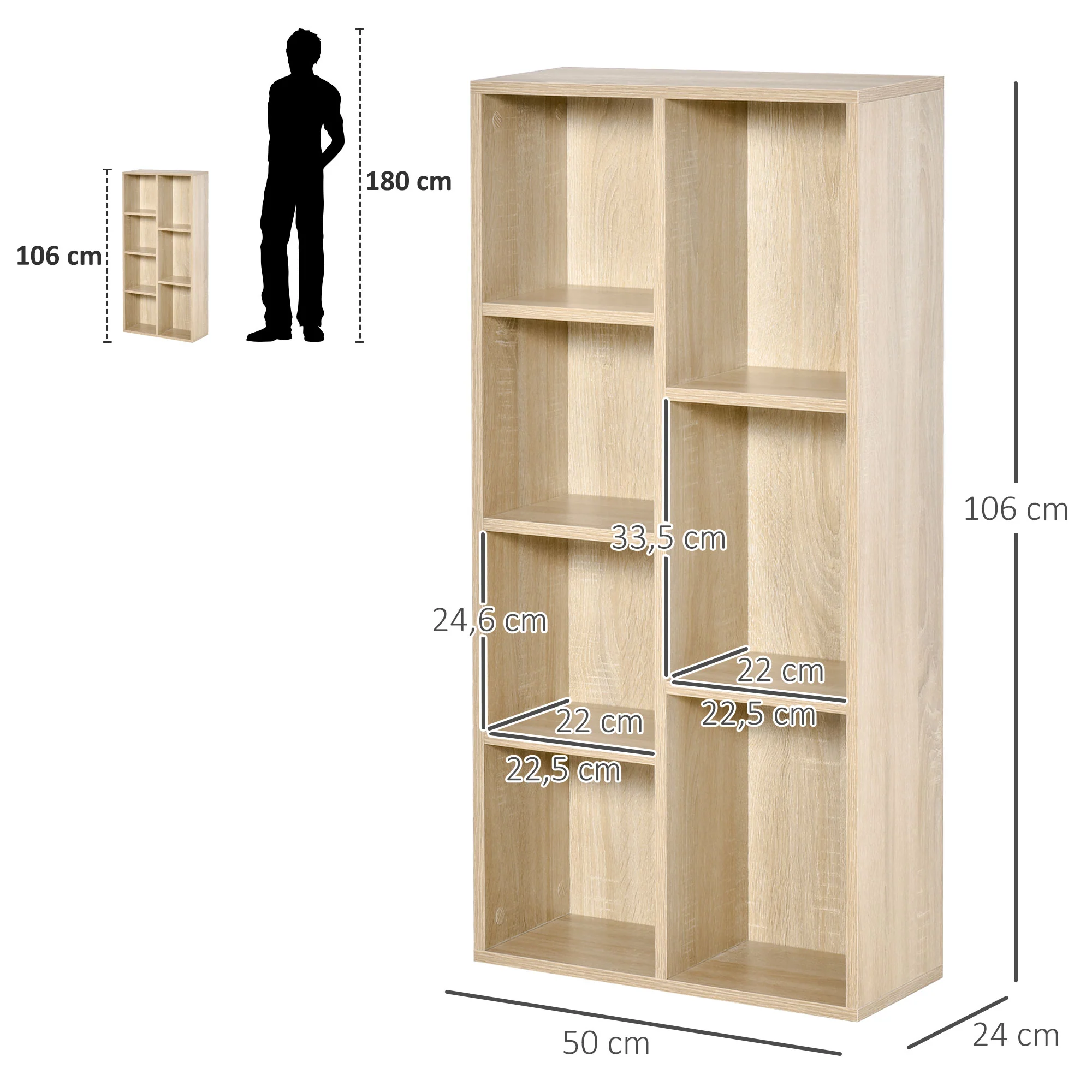 Bibliothèque meuble de rangement étagère cube avec 7 compartiments pour salon, chambre, bureau - 50l x 24P x 106H cm, bois naturel - Image 4