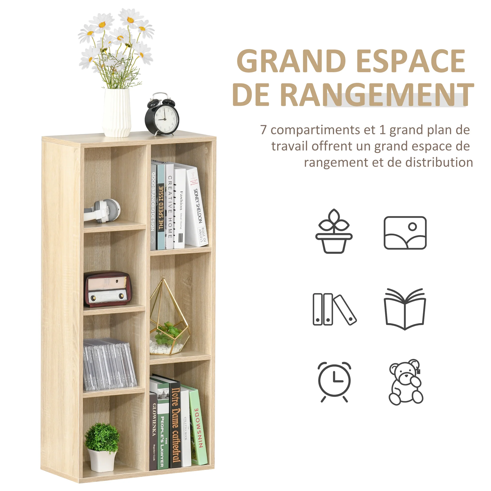 Bibliothèque meuble de rangement étagère cube avec 7 compartiments pour salon, chambre, bureau - 50l x 24P x 106H cm, bois naturel - Image 5