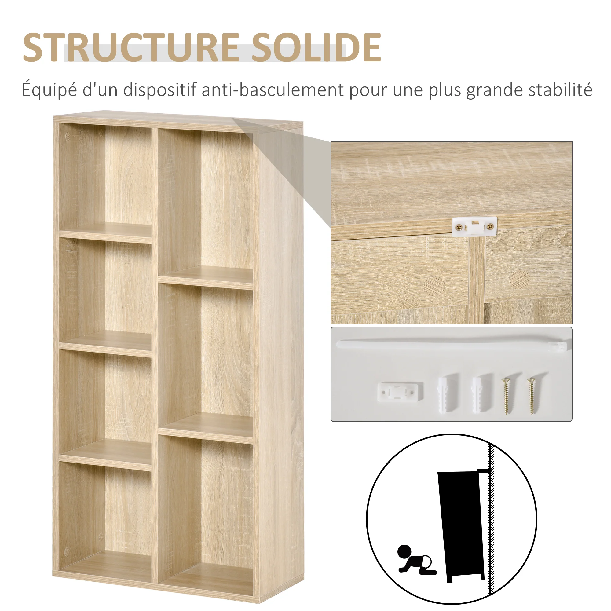 Bibliothèque meuble de rangement étagère cube avec 7 compartiments pour salon, chambre, bureau - 50l x 24P x 106H cm, bois naturel - Image 6