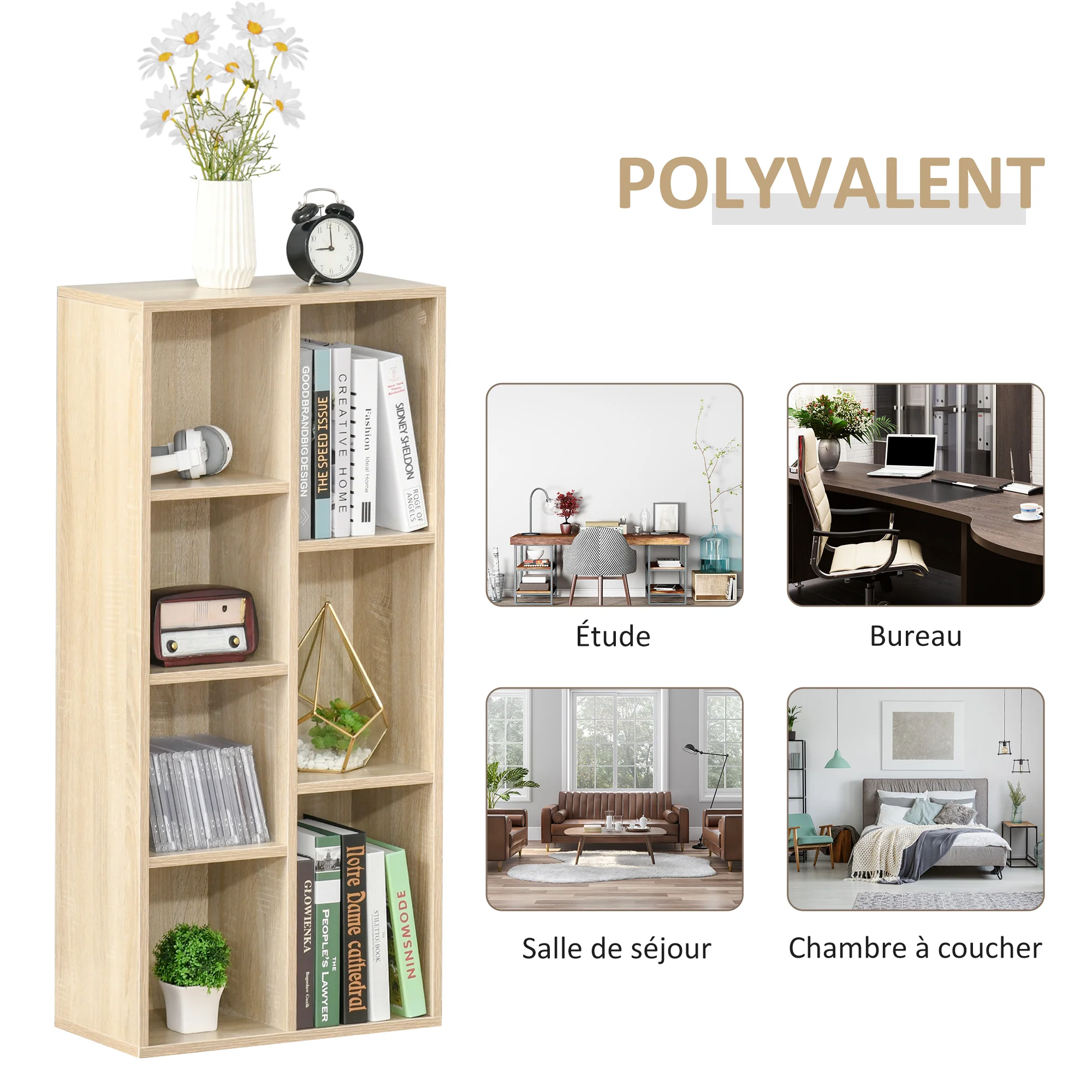 Bibliothèque meuble de rangement étagère cube avec 7 compartiments pour salon, chambre, bureau - 50l x 24P x 106H cm, bois naturel - Image 7