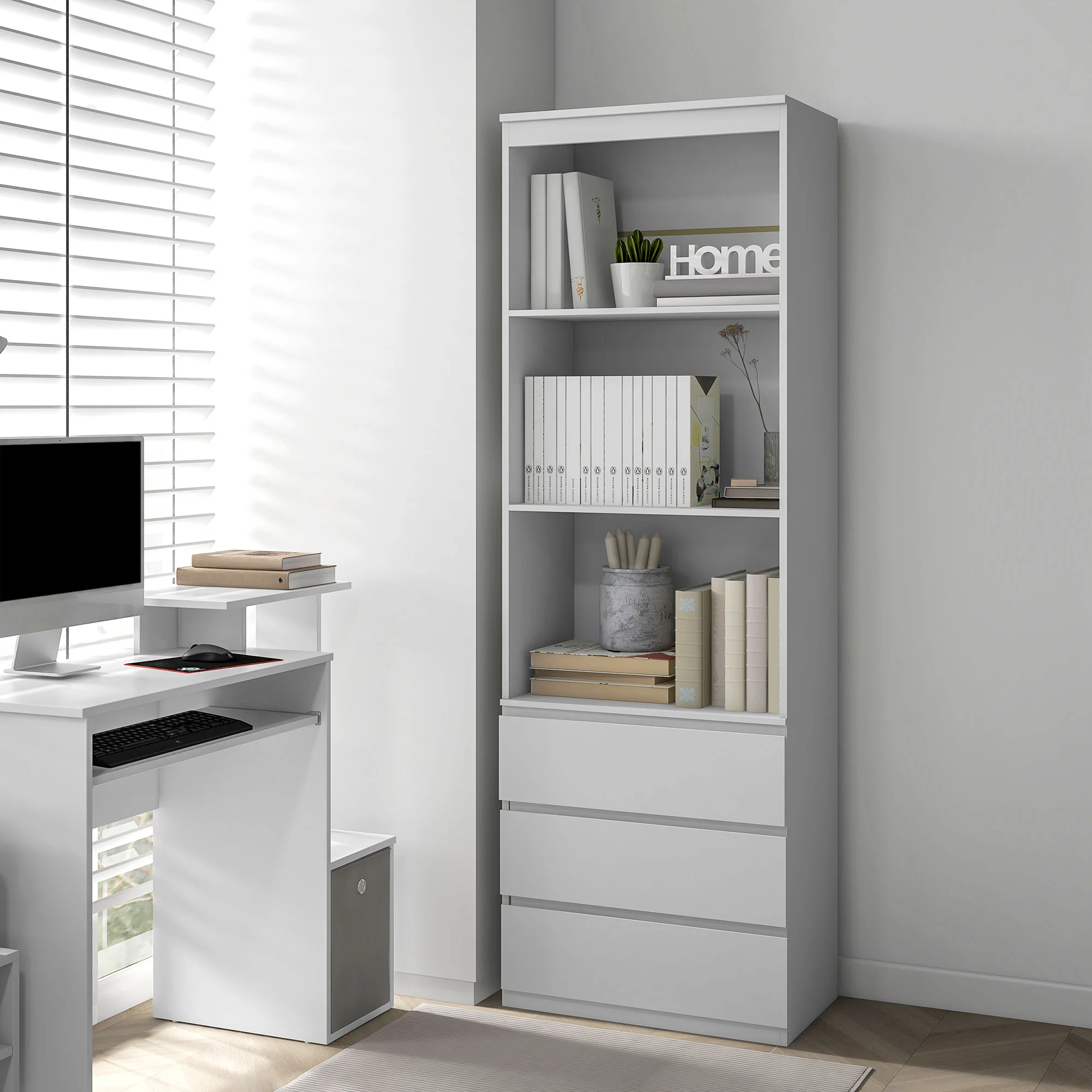 Bibliothèque meuble de rangement haute de 180 cm avec 3 étagères et 3 tiroirs en bois 60 x 35 x 180 cm blanc - Image 3