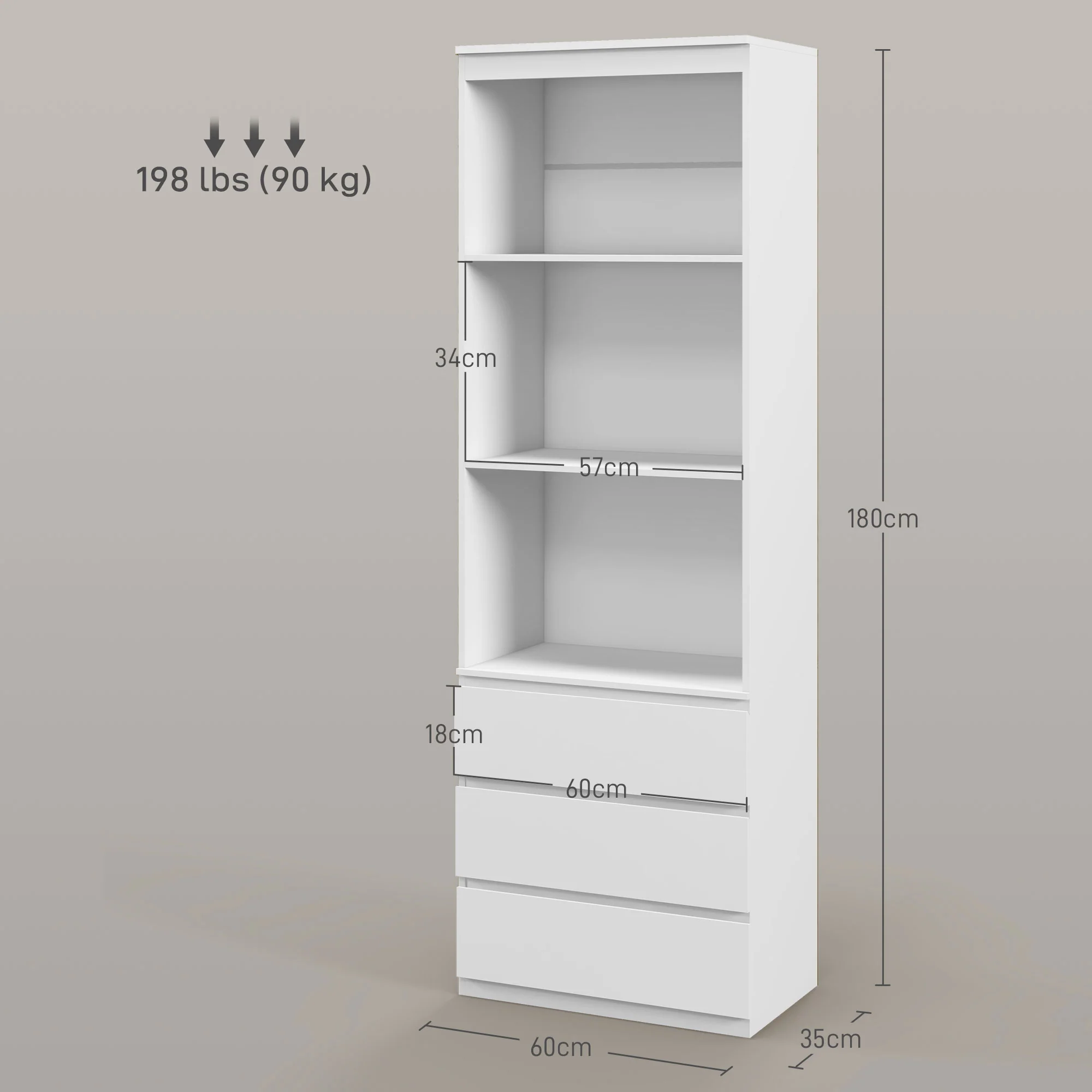 Bibliothèque meuble de rangement haute de 180 cm avec 3 étagères et 3 tiroirs en bois 60 x 35 x 180 cm blanc - Image 4