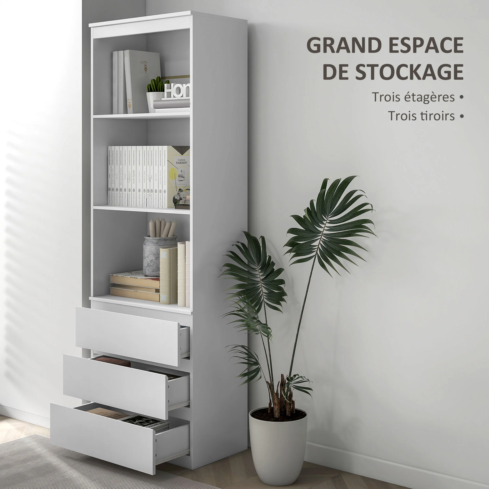 Bibliothèque meuble de rangement haute de 180 cm avec 3 étagères et 3 tiroirs en bois 60 x 35 x 180 cm blanc - Image 5