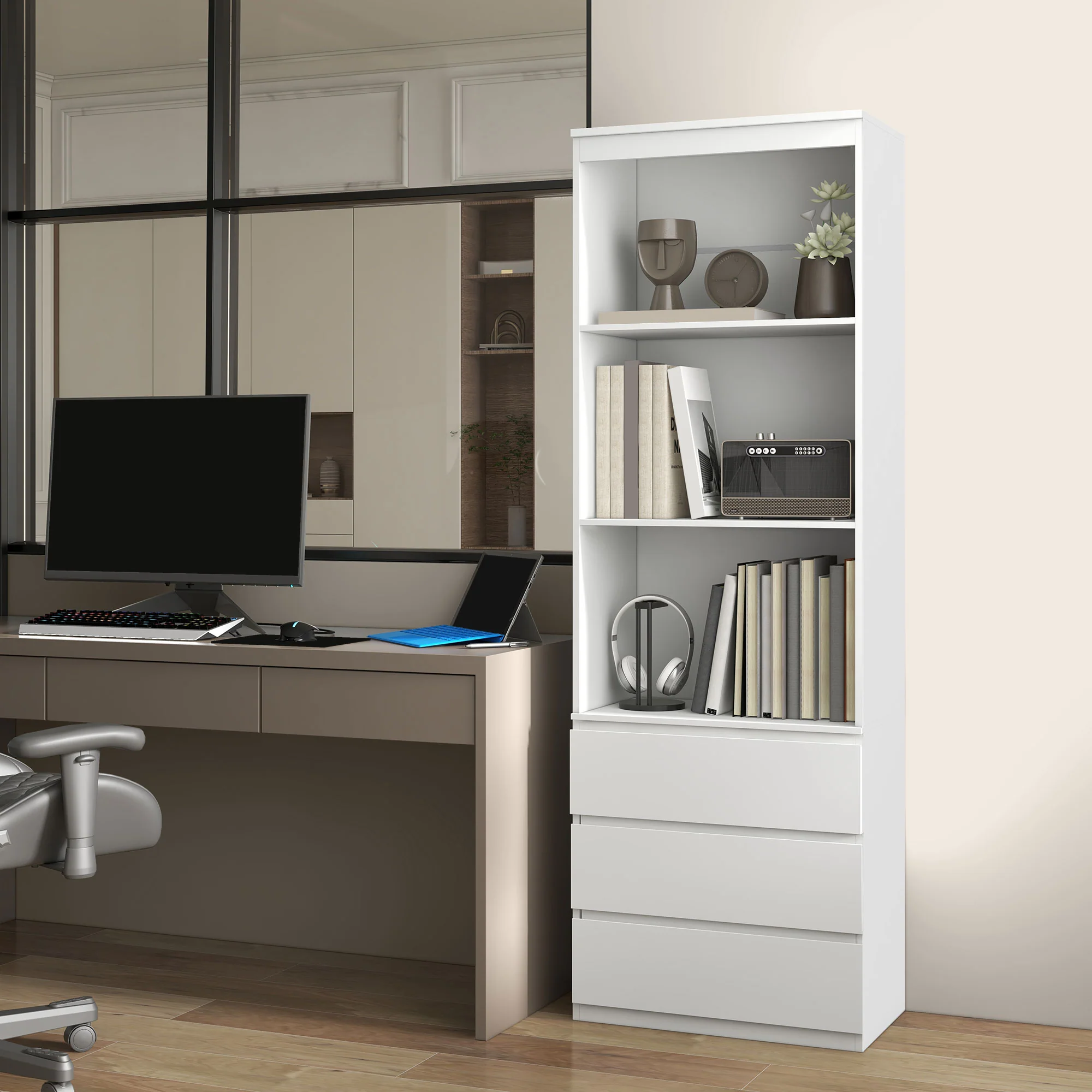 Bibliothèque meuble de rangement haute de 180 cm avec 3 étagères et 3 tiroirs en bois 60 x 35 x 180 cm blanc - Image 7