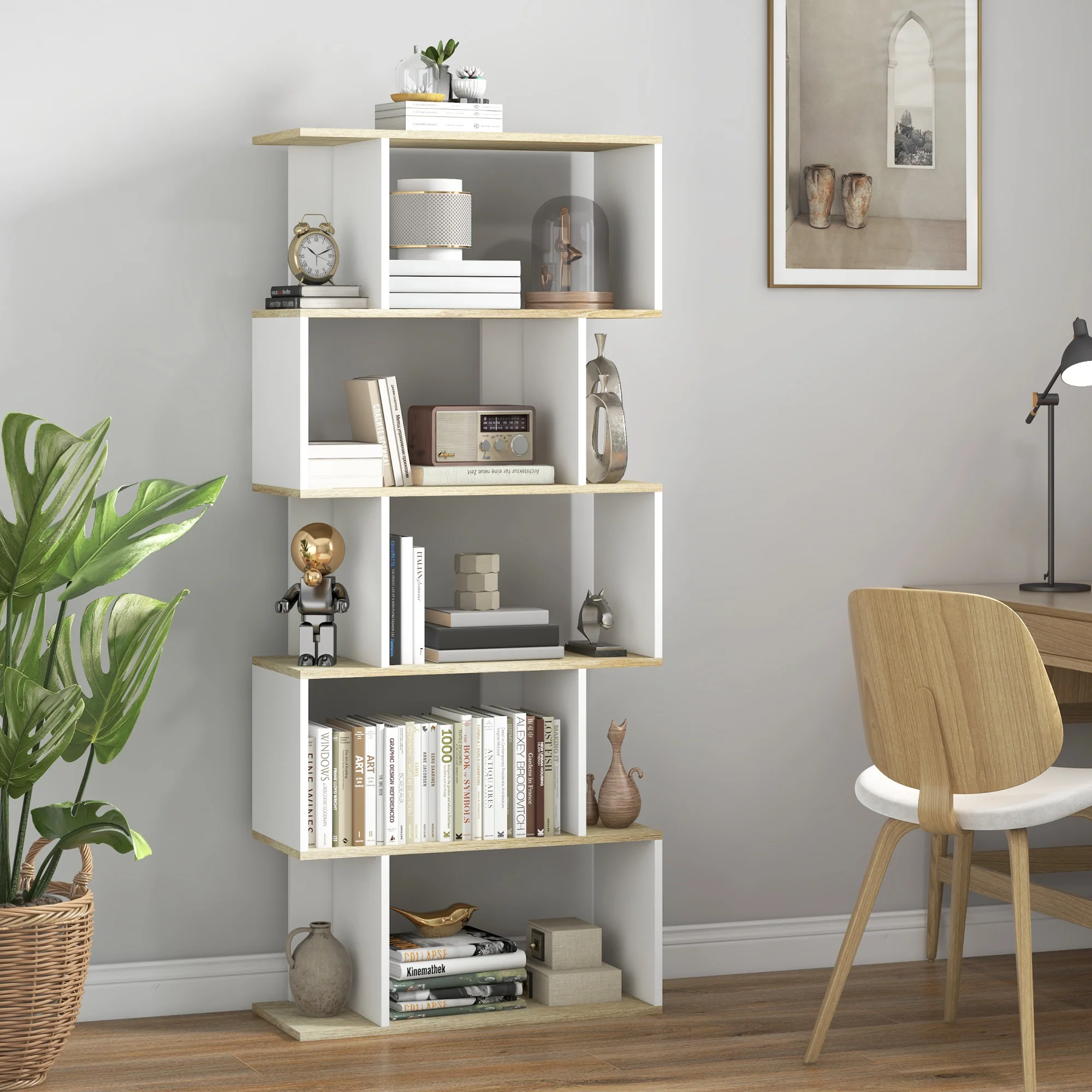 Bibliothèque meuble de rangement style scandinave avec 5 étagères anti-basculement charge 25 kg pour bureau salon chambre 70x29,5x163 cm aspect bois et blanc - Image 3