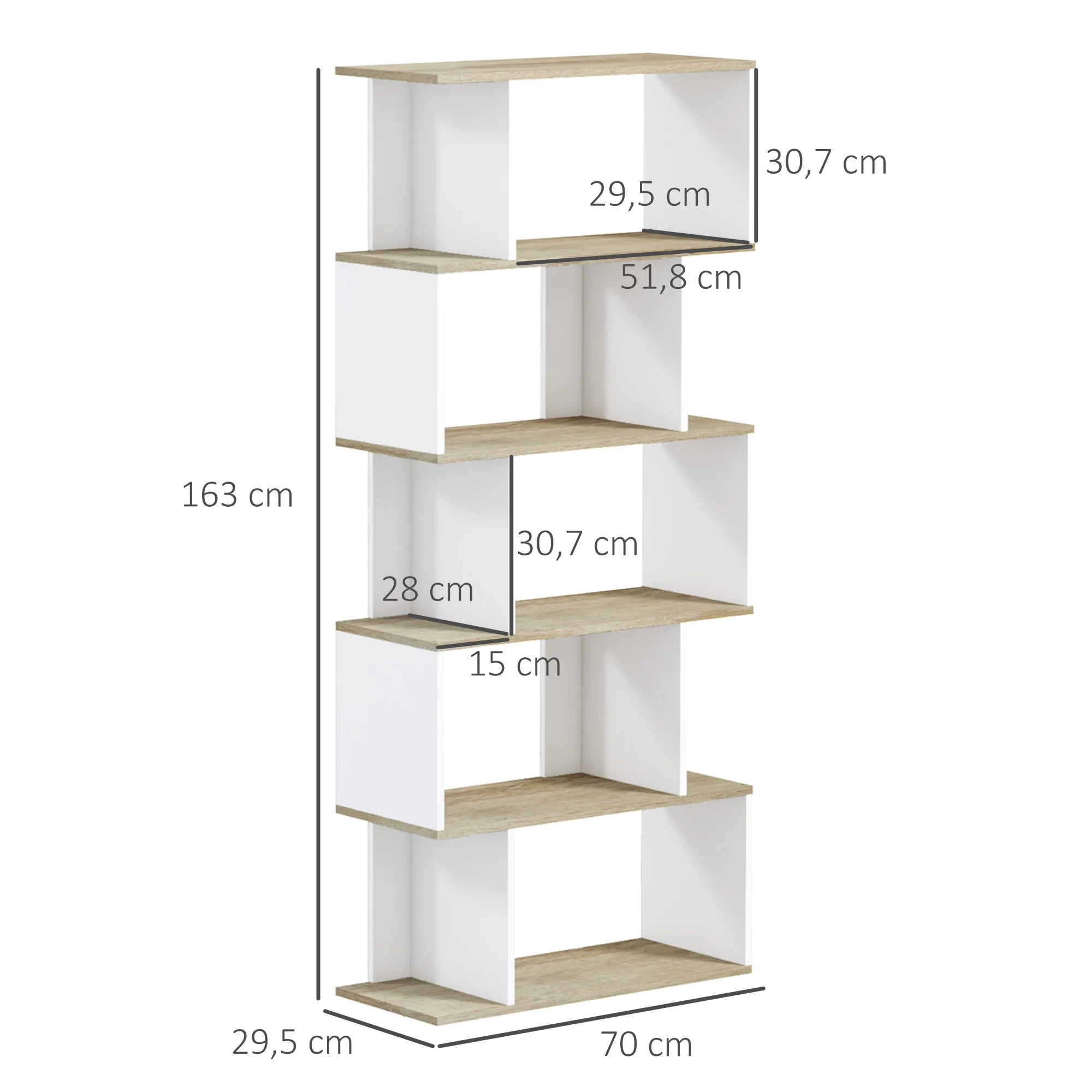 Bibliothèque meuble de rangement style scandinave avec 5 étagères anti-basculement charge 25 kg pour bureau salon chambre 70x29,5x163 cm aspect bois et blanc - Image 4