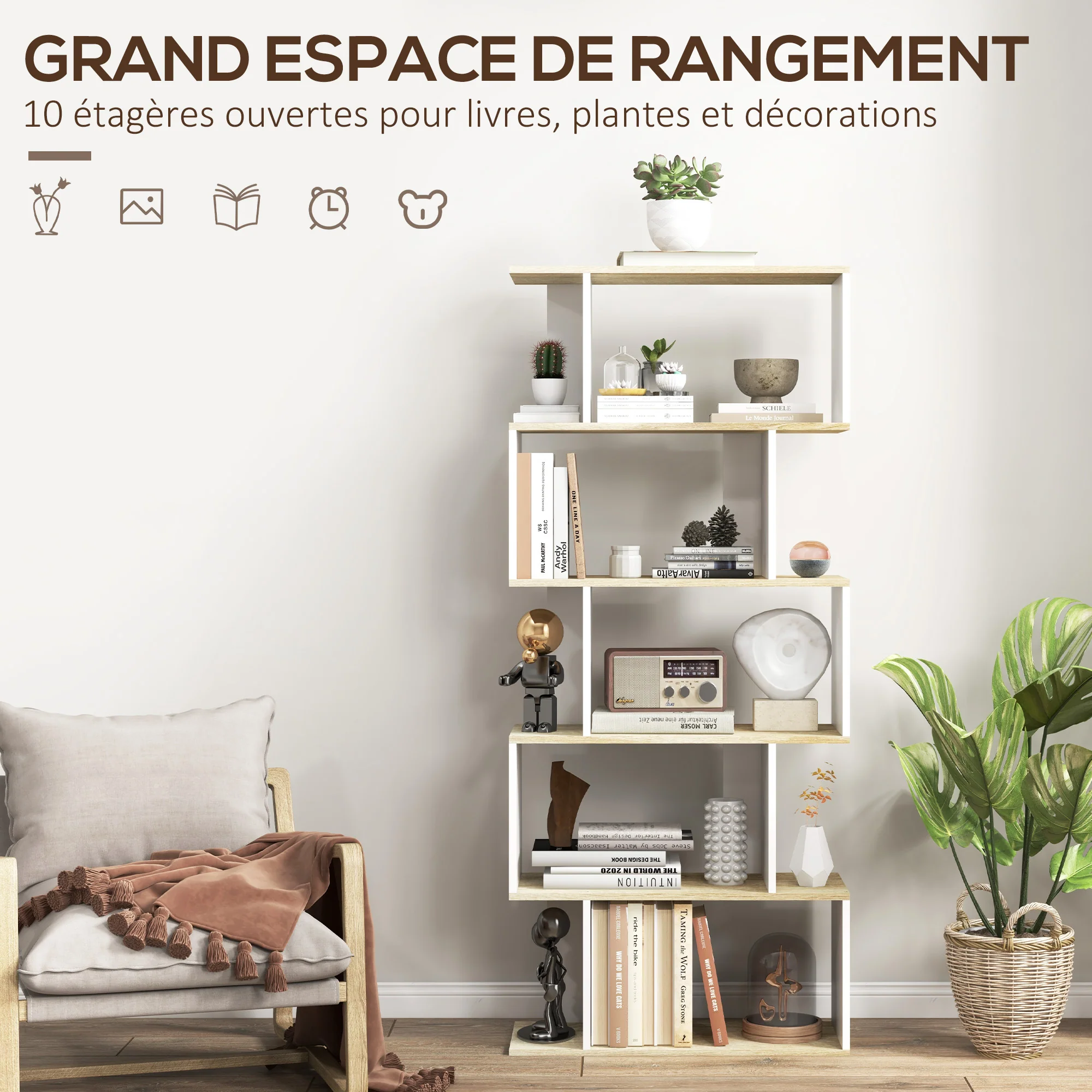 Bibliothèque meuble de rangement style scandinave avec 5 étagères anti-basculement charge 25 kg pour bureau salon chambre 70x29,5x163 cm aspect bois et blanc - Image 5
