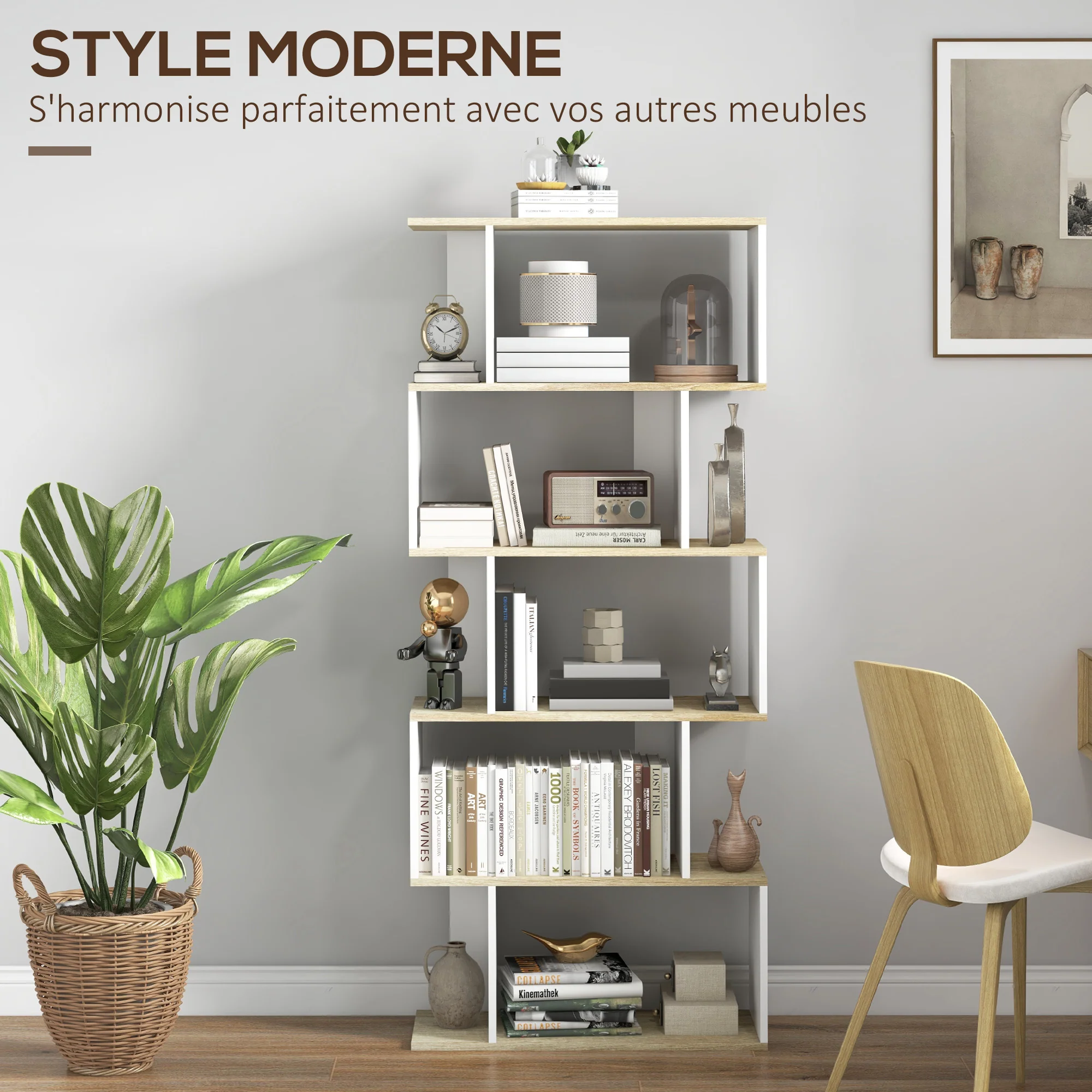 Bibliothèque meuble de rangement style scandinave avec 5 étagères anti-basculement charge 25 kg pour bureau salon chambre 70x29,5x163 cm aspect bois et blanc - Image 6