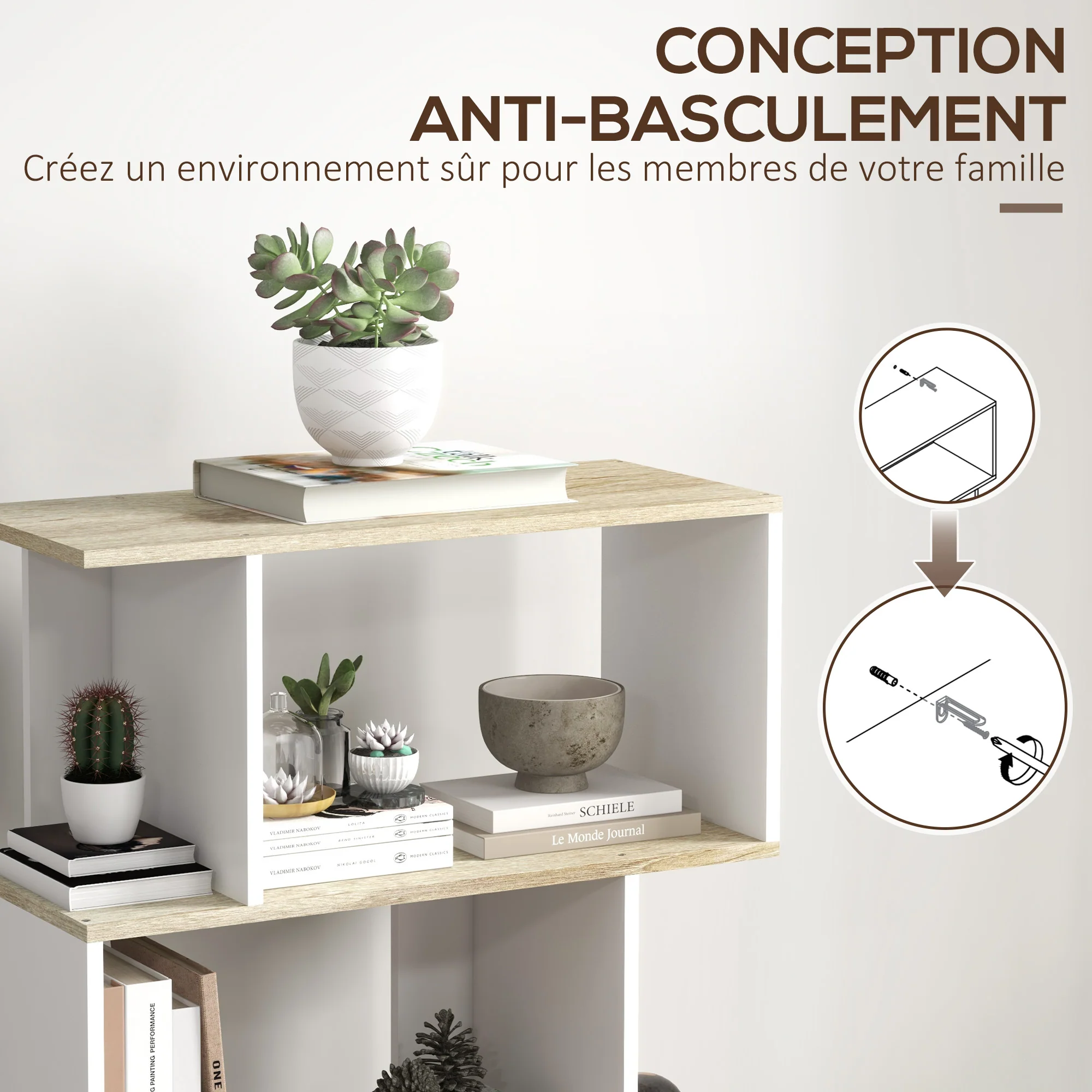 Bibliothèque meuble de rangement style scandinave avec 5 étagères anti-basculement charge 25 kg pour bureau salon chambre 70x29,5x163 cm aspect bois et blanc - Image 7