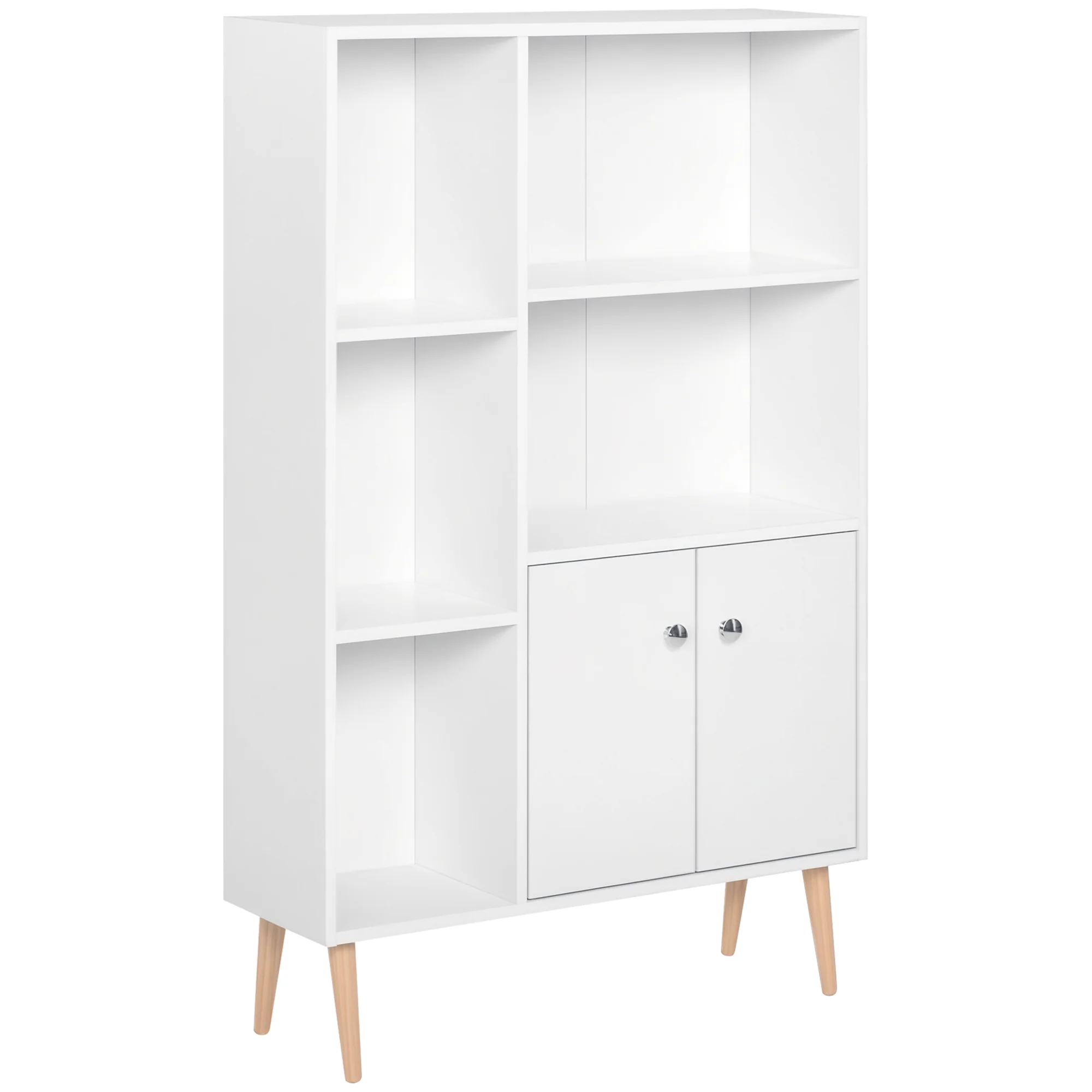 Bibliothèque scandinave meuble de rangement dim. 80L x 23,5l x 123H cm 5 niches placard 2 portes pieds effilés inclinés bois massif panneaux particules blanc - Image 11