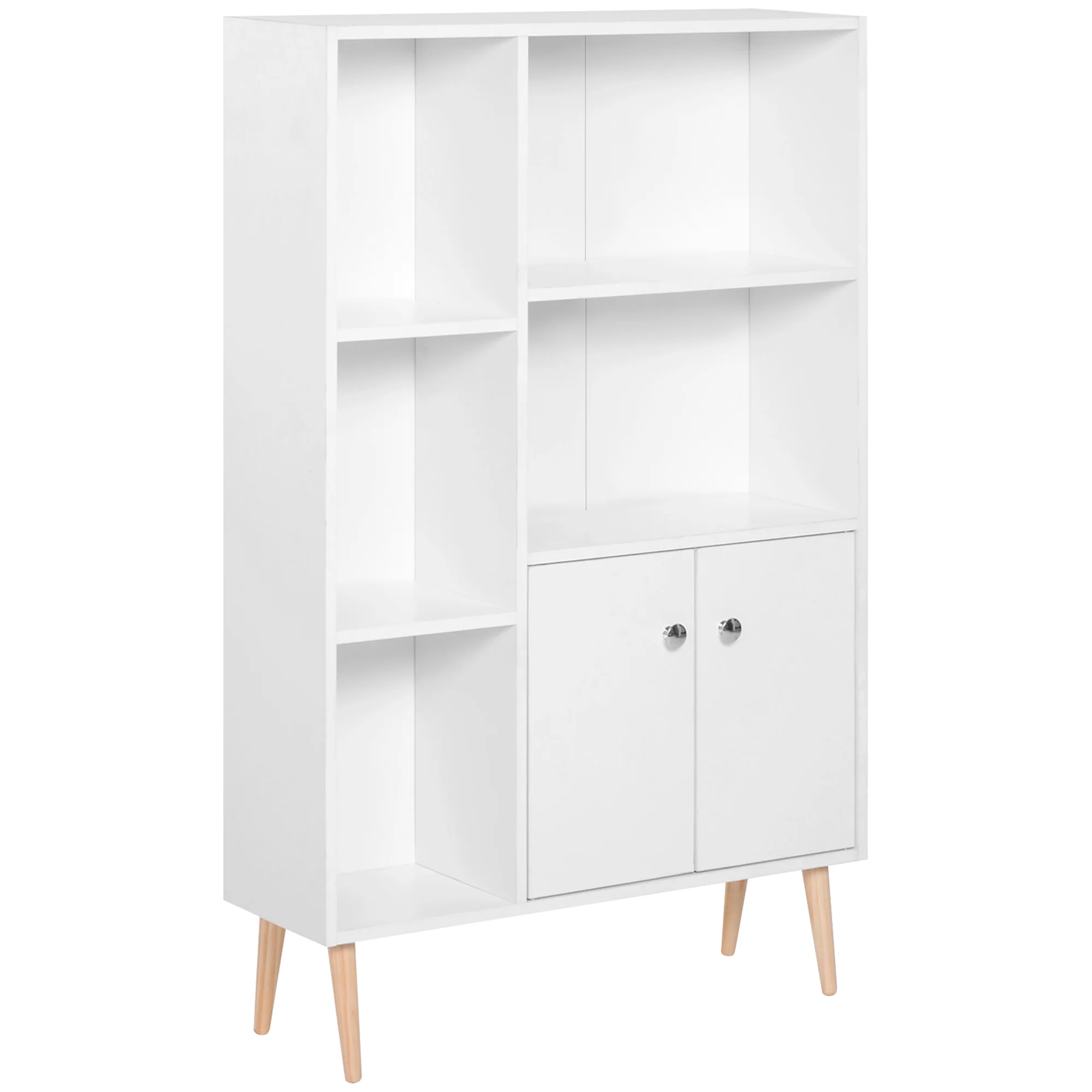 Bibliothèque scandinave meuble de rangement dim. 80L x 23,5l x 123H cm 5 niches placard 2 portes pieds effilés inclinés bois massif panneaux particules blanc - Image 2