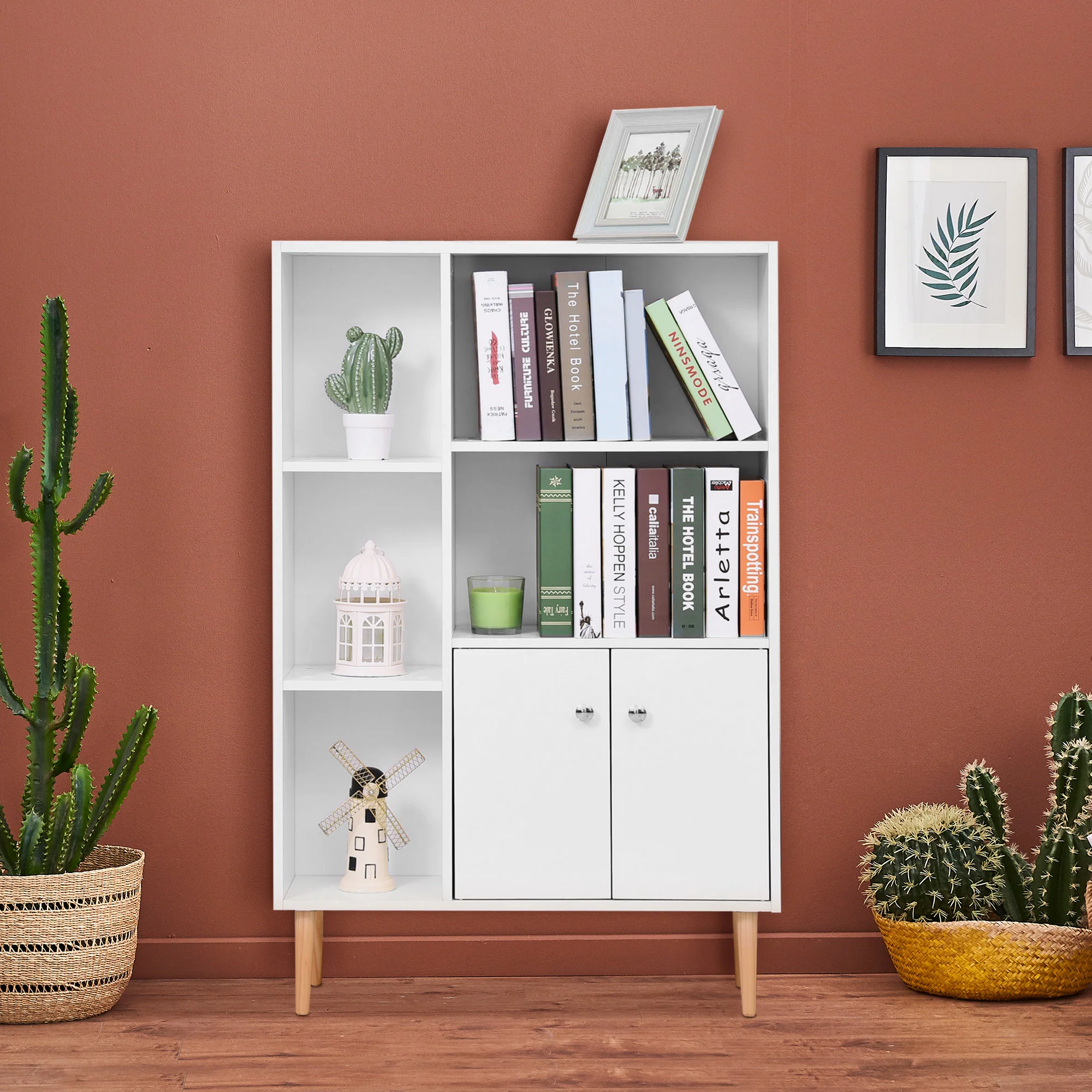 Bibliothèque scandinave meuble de rangement dim. 80L x 23,5l x 123H cm 5 niches placard 2 portes pieds effilés inclinés bois massif panneaux particules blanc - Image 3