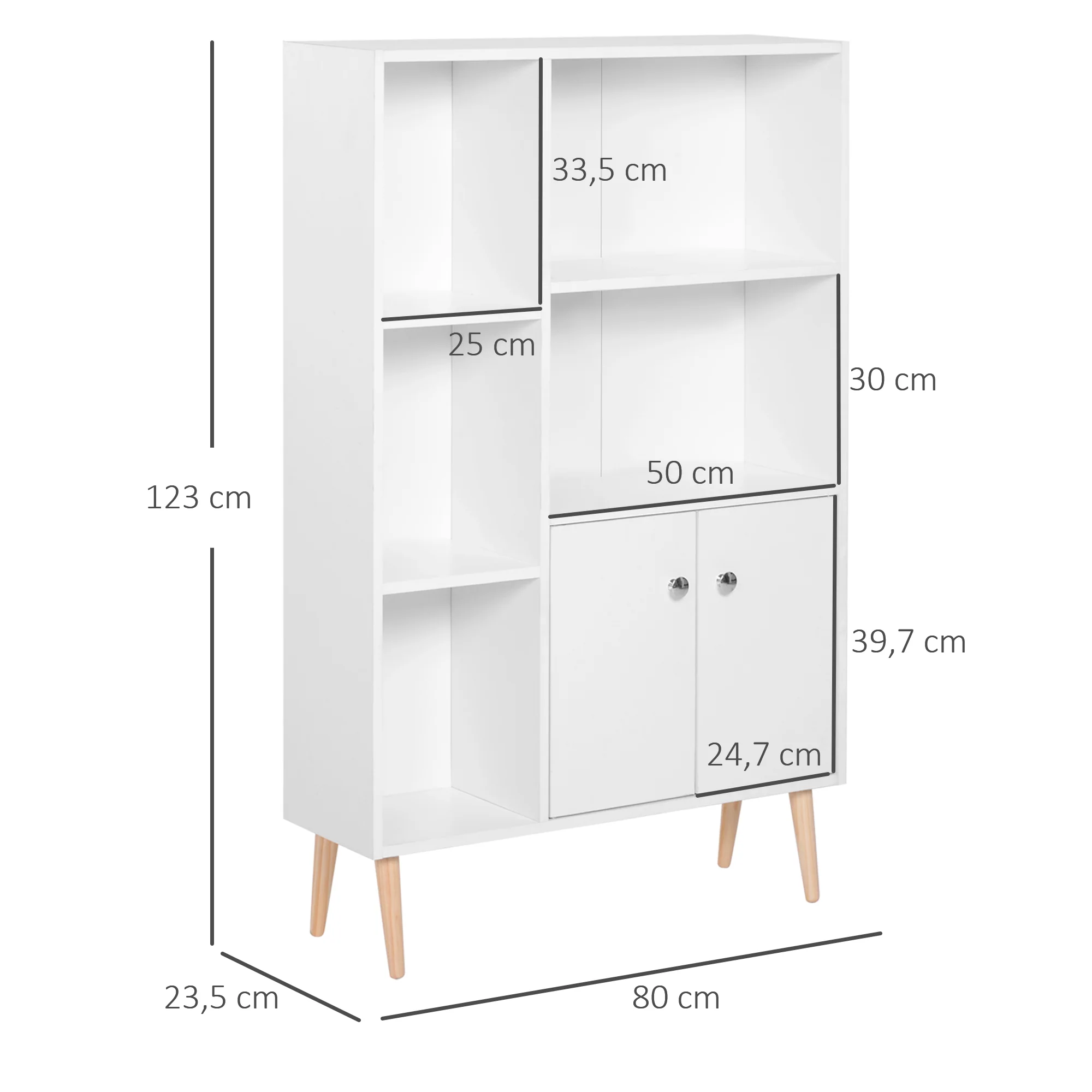 Bibliothèque scandinave meuble de rangement dim. 80L x 23,5l x 123H cm 5 niches placard 2 portes pieds effilés inclinés bois massif panneaux particules blanc - Image 4