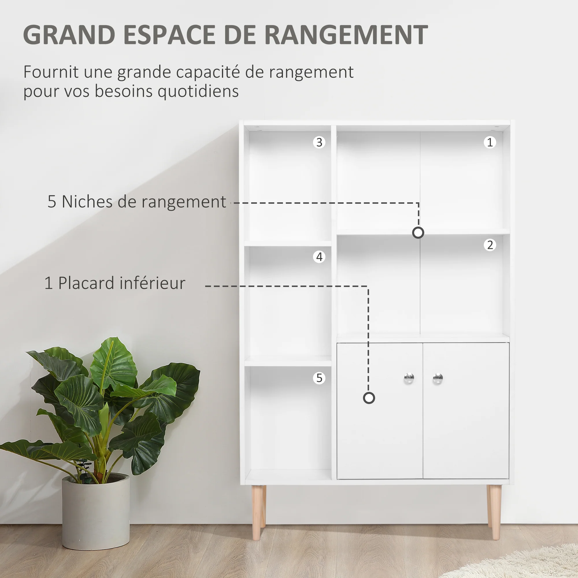 Bibliothèque scandinave meuble de rangement dim. 80L x 23,5l x 123H cm 5 niches placard 2 portes pieds effilés inclinés bois massif panneaux particules blanc - Image 5