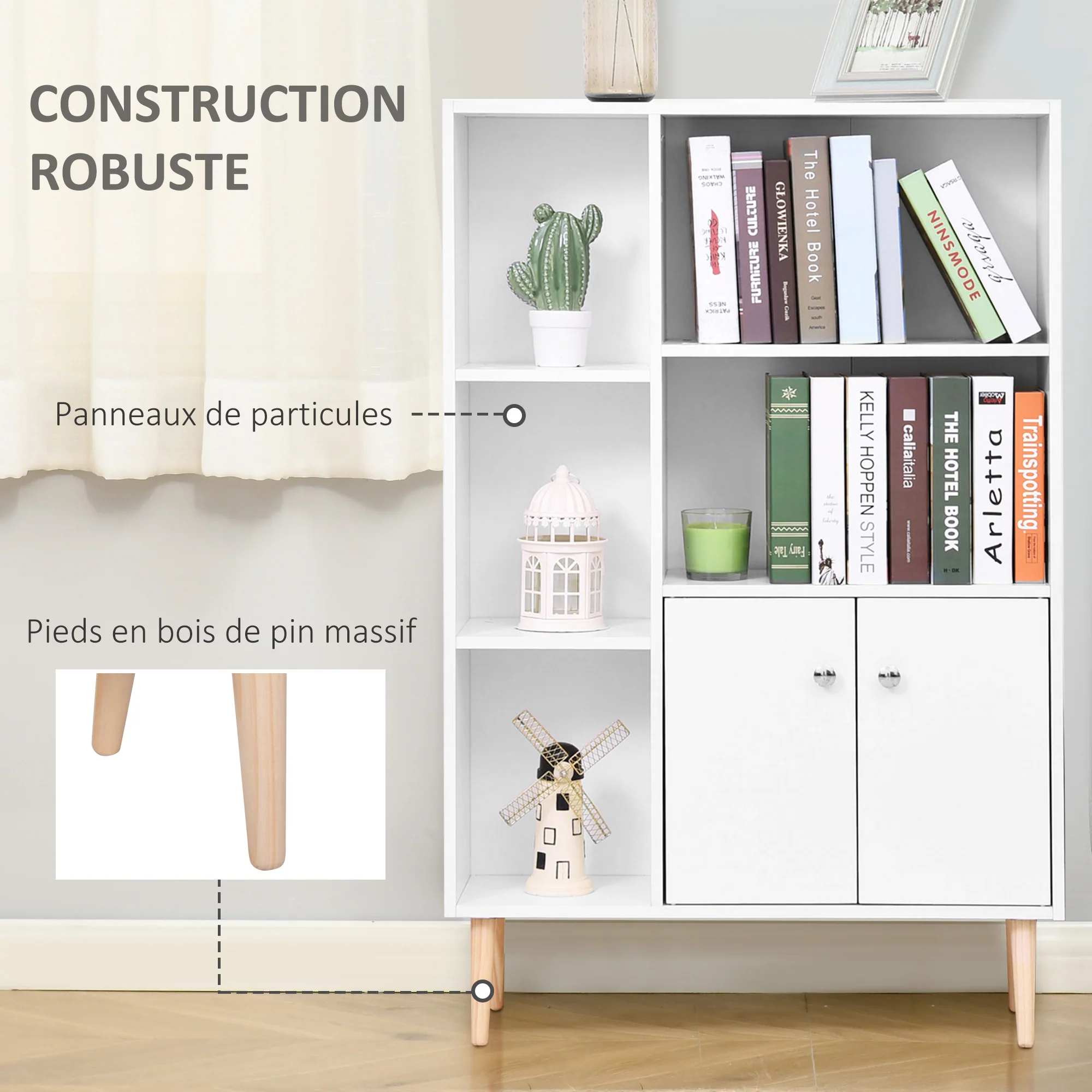 Bibliothèque scandinave meuble de rangement dim. 80L x 23,5l x 123H cm 5 niches placard 2 portes pieds effilés inclinés bois massif panneaux particules blanc - Image 6