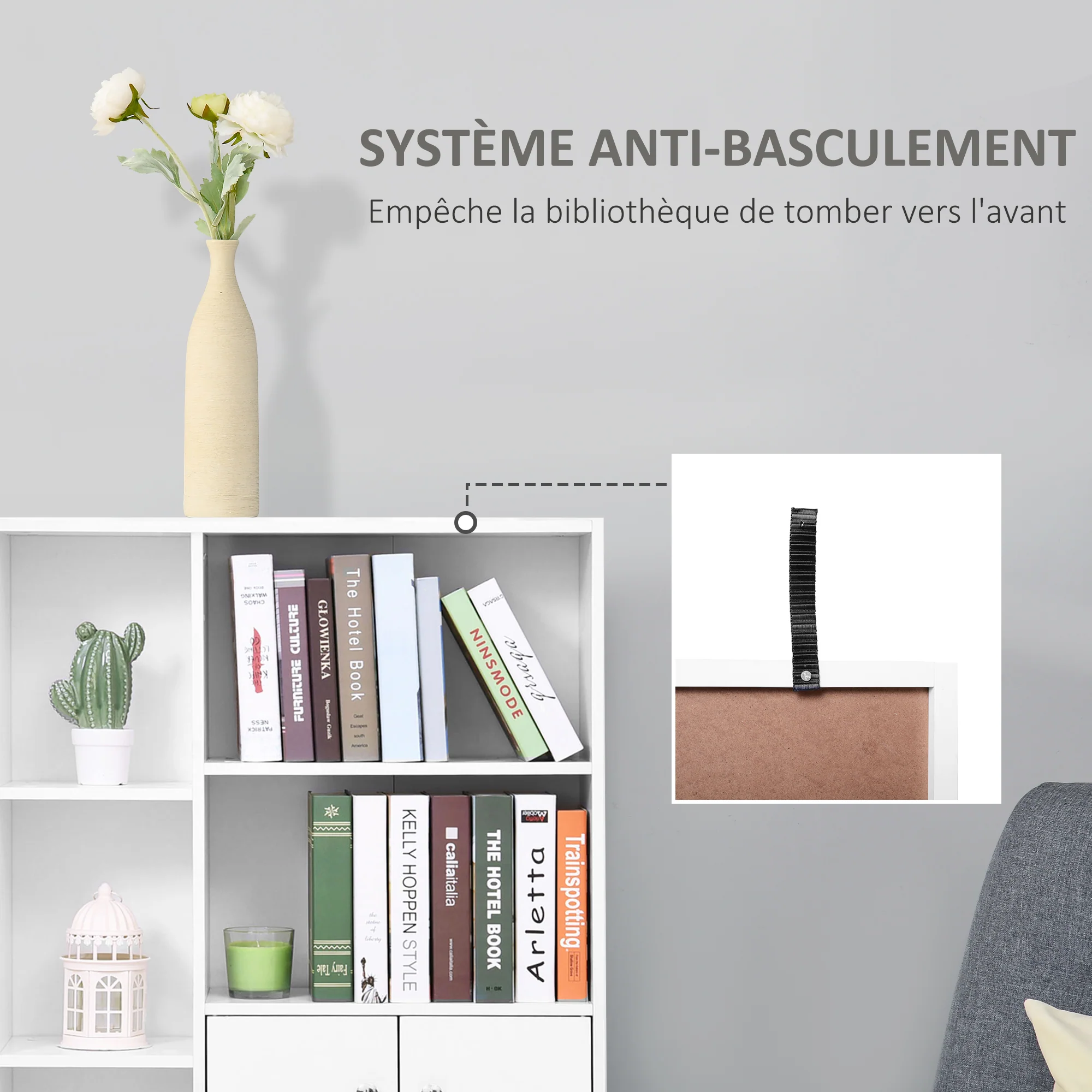 Bibliothèque scandinave meuble de rangement dim. 80L x 23,5l x 123H cm 5 niches placard 2 portes pieds effilés inclinés bois massif panneaux particules blanc - Image 7