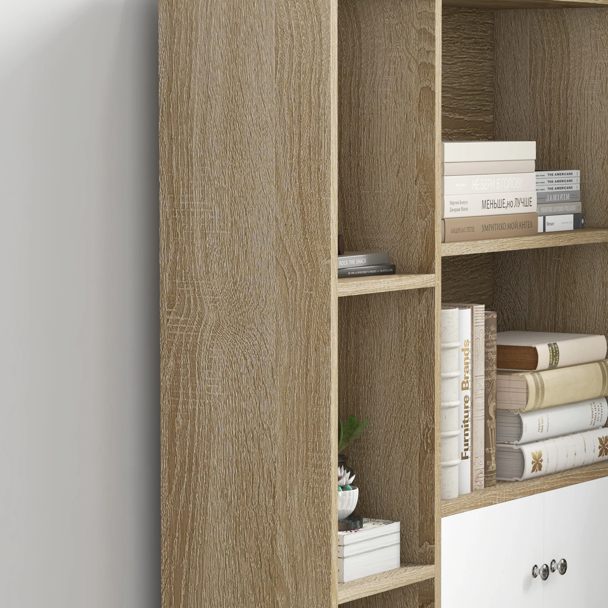Bibliothèque scandinave meuble de rangement dim. 80L x 23,5l x 123H cm 5 niches placard 2 portes pieds effilés inclinés bois massif Chêne - Image 10