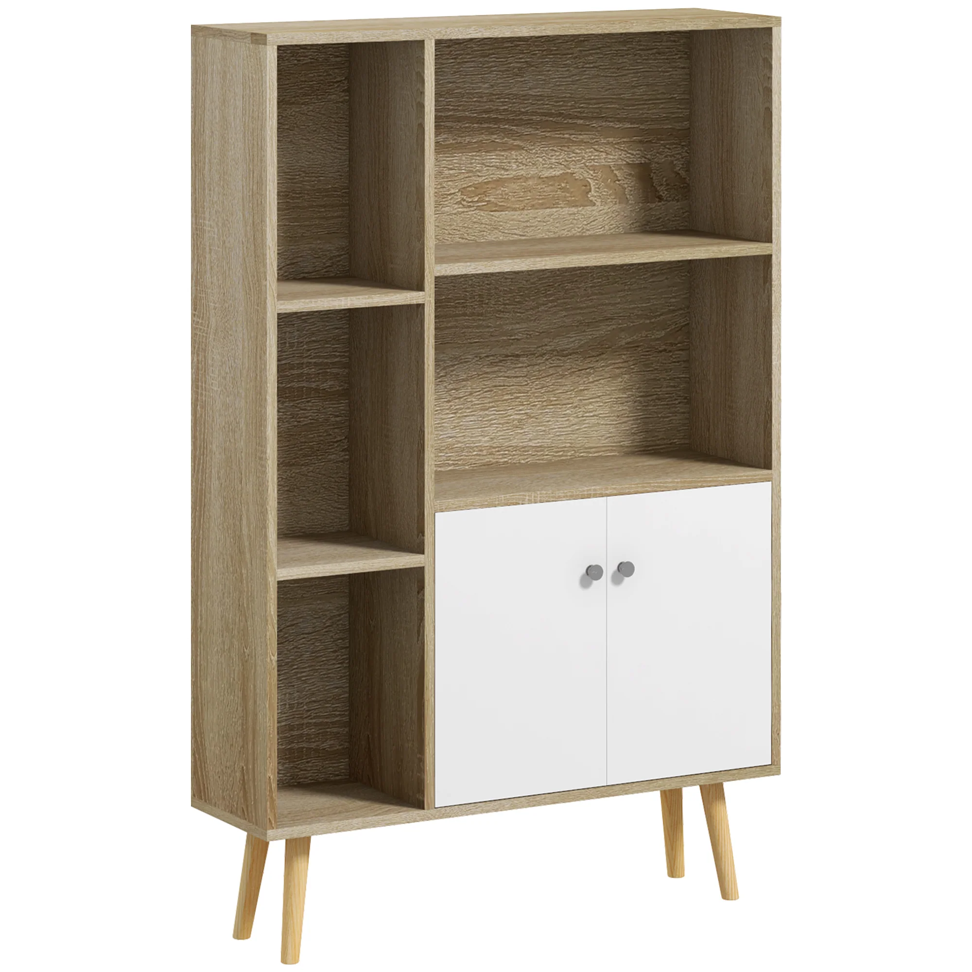 Bibliothèque scandinave meuble de rangement dim. 80L x 23,5l x 123H cm 5 niches placard 2 portes pieds effilés inclinés bois massif Chêne - Image 2