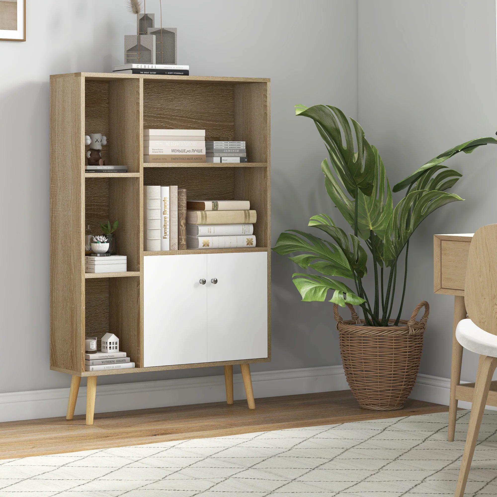 Bibliothèque scandinave meuble de rangement dim. 80L x 23,5l x 123H cm 5 niches placard 2 portes pieds effilés inclinés bois massif Chêne - Image 3