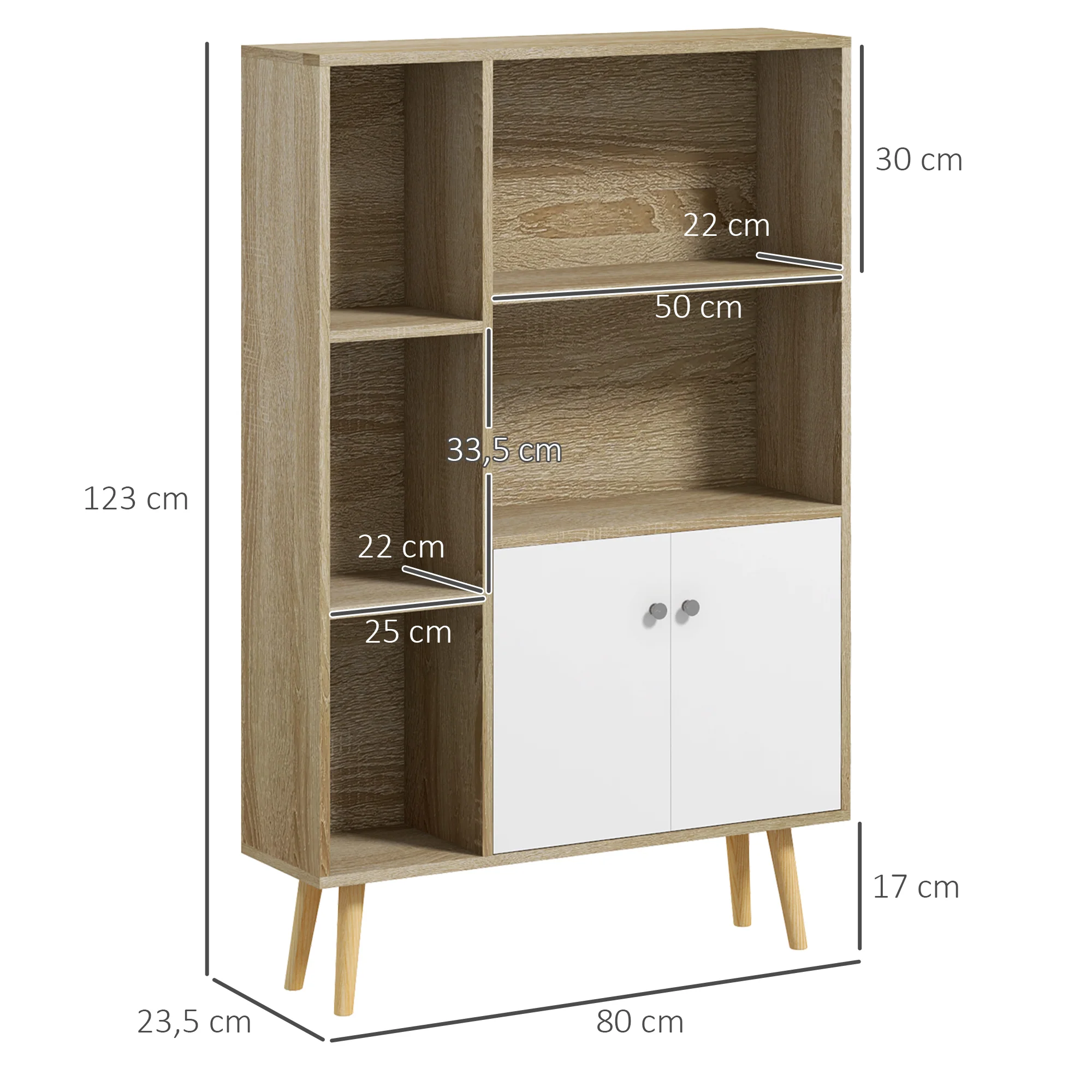 Bibliothèque scandinave meuble de rangement dim. 80L x 23,5l x 123H cm 5 niches placard 2 portes pieds effilés inclinés bois massif Chêne - Image 4