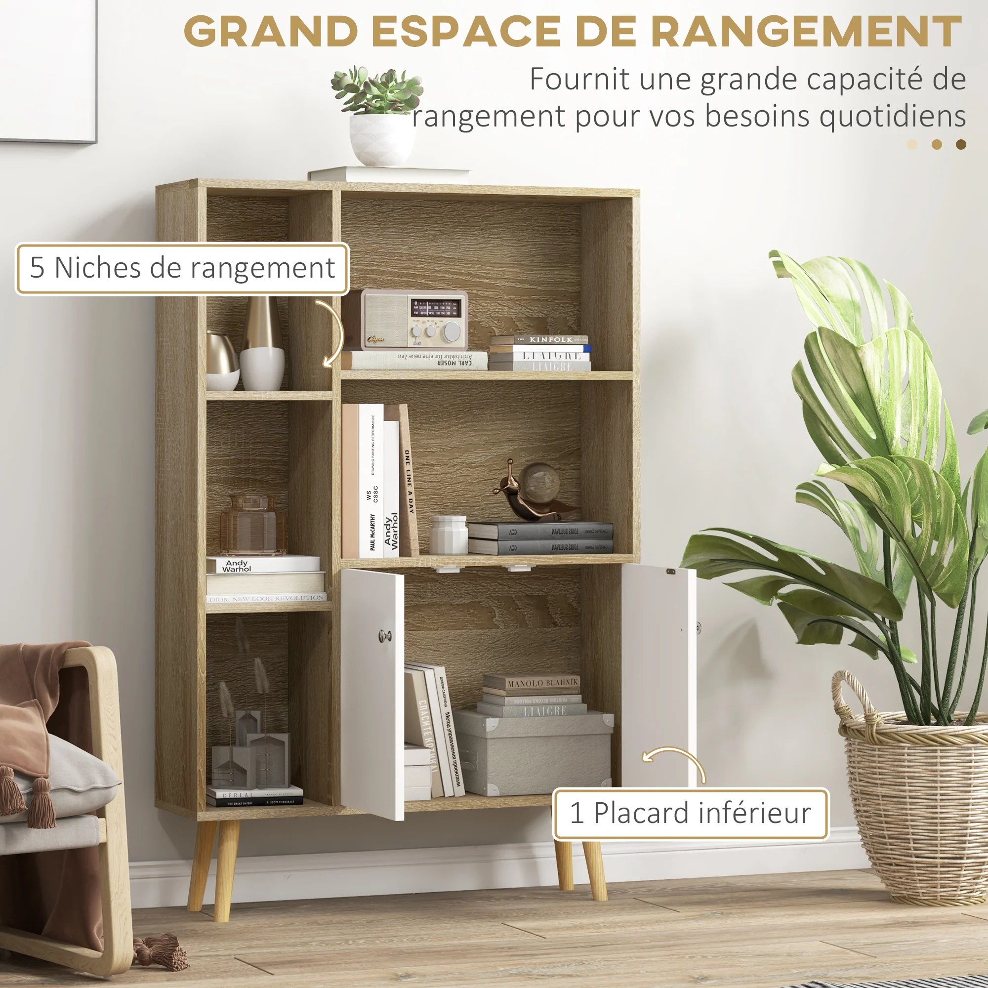 Bibliothèque scandinave meuble de rangement dim. 80L x 23,5l x 123H cm 5 niches placard 2 portes pieds effilés inclinés bois massif Chêne - Image 5