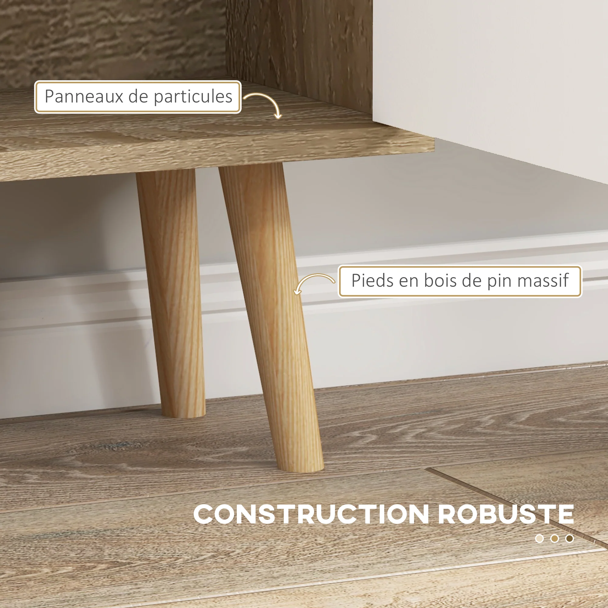Bibliothèque scandinave meuble de rangement dim. 80L x 23,5l x 123H cm 5 niches placard 2 portes pieds effilés inclinés bois massif Chêne - Image 6