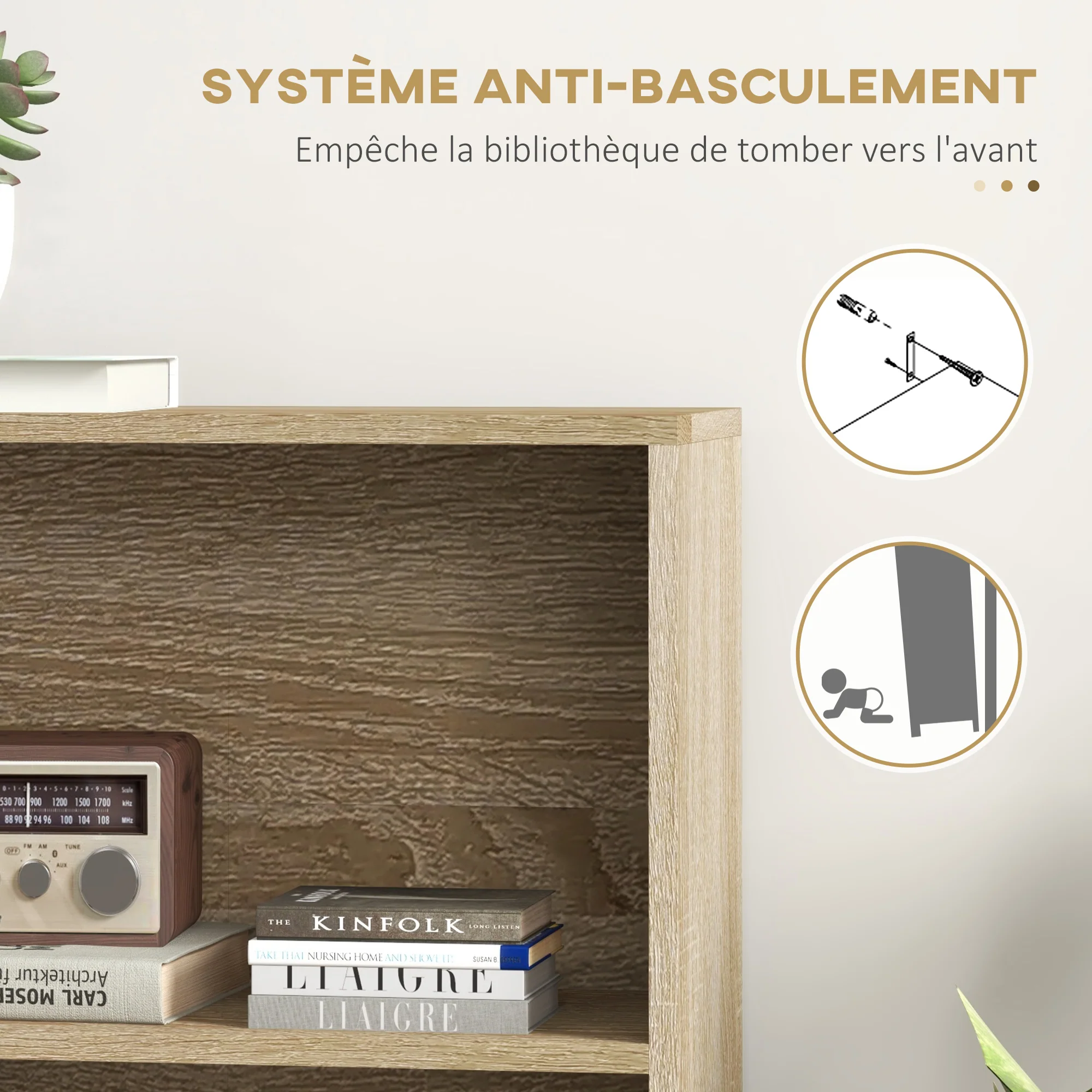 Bibliothèque scandinave meuble de rangement dim. 80L x 23,5l x 123H cm 5 niches placard 2 portes pieds effilés inclinés bois massif Chêne - Image 7