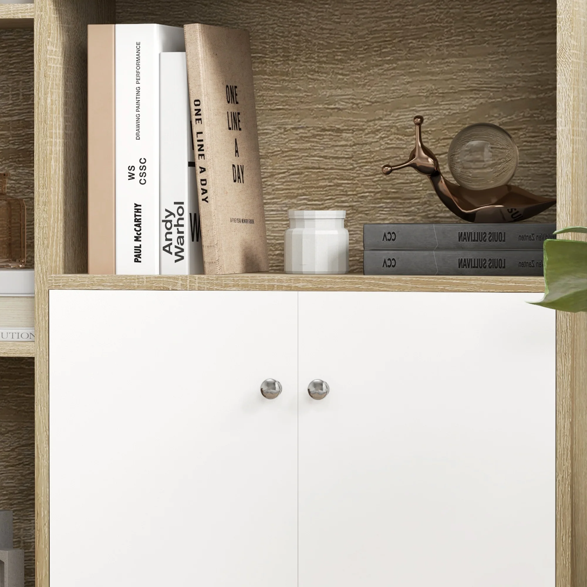 Bibliothèque scandinave meuble de rangement dim. 80L x 23,5l x 123H cm 5 niches placard 2 portes pieds effilés inclinés bois massif Chêne - Image 8