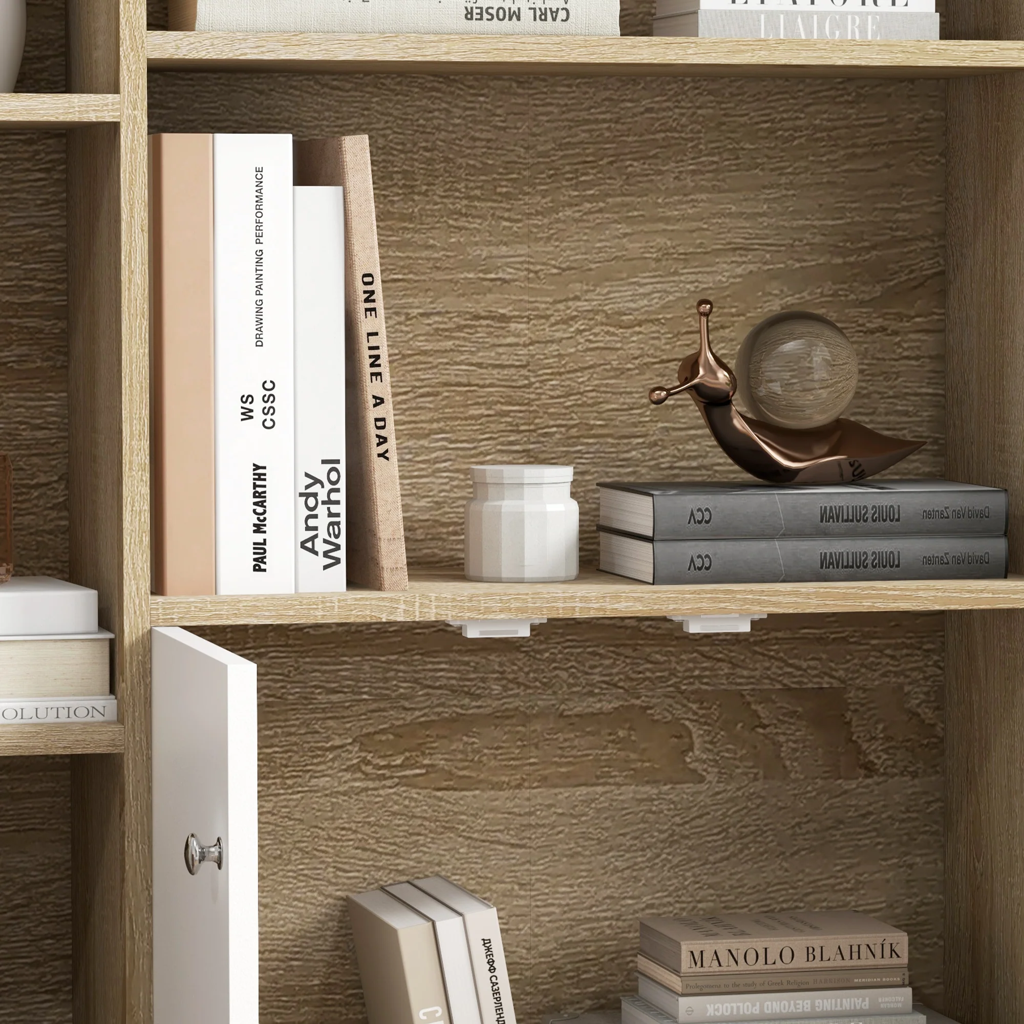 Bibliothèque scandinave meuble de rangement dim. 80L x 23,5l x 123H cm 5 niches placard 2 portes pieds effilés inclinés bois massif Chêne - Image 9
