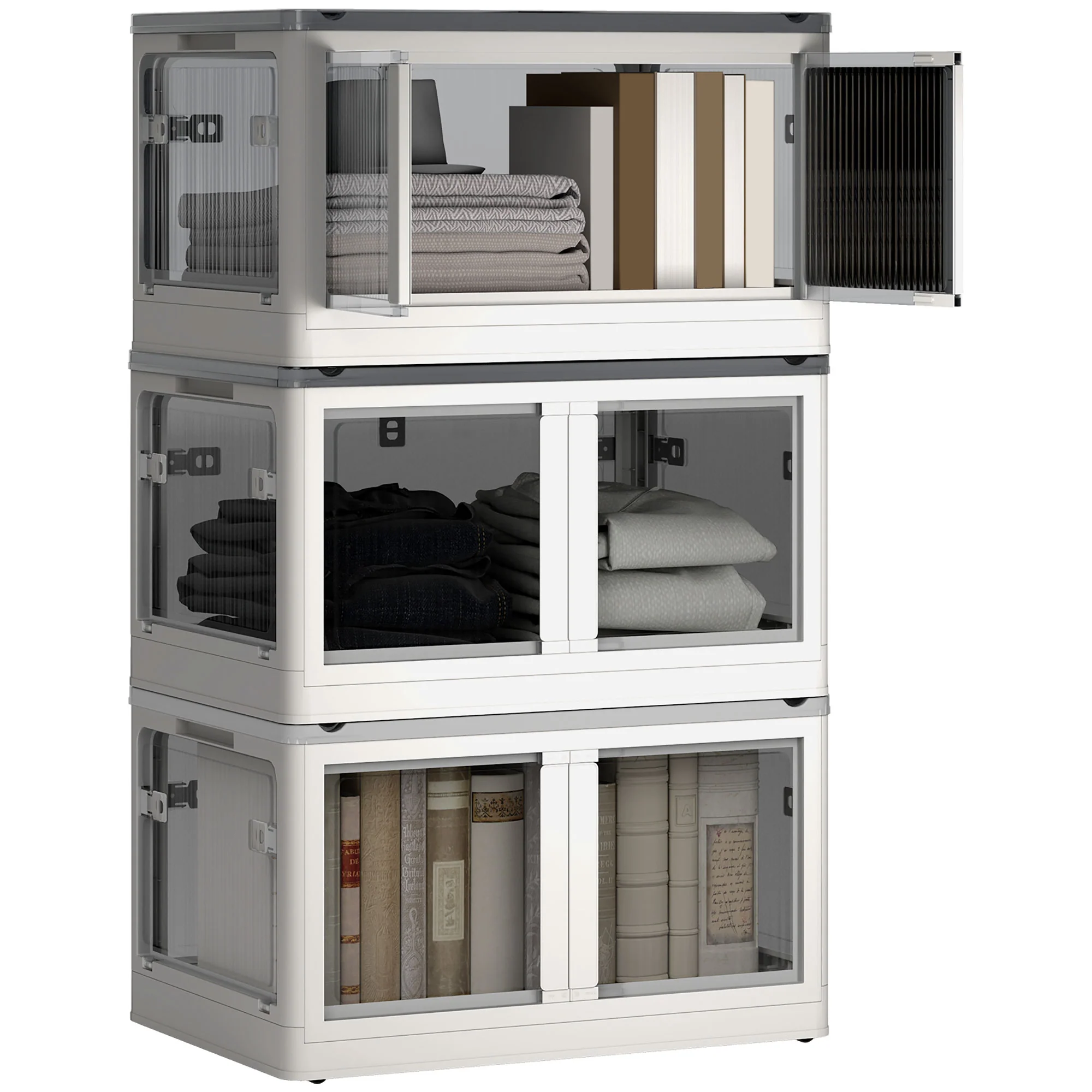 Bo?tes de rangement pliables et empilables 69L en plastique, caisses rangement 3 cubes avec couvercle et 4 roulettes, accès à 5 c?tés, pour jouets et livres, blanc - Image 11