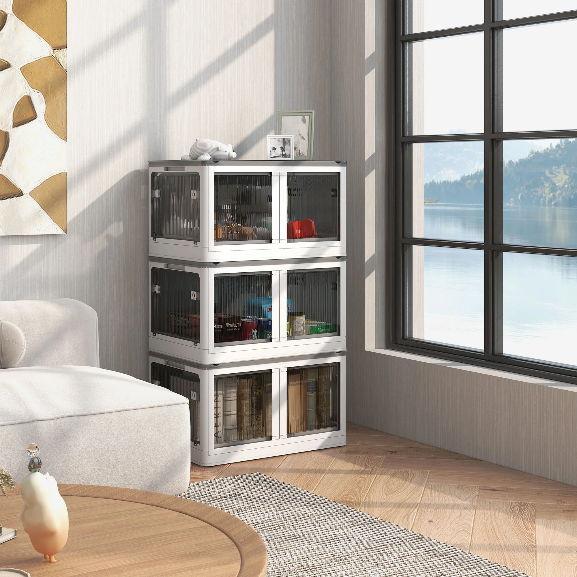 Bo?tes de rangement pliables et empilables 69L en plastique, caisses rangement 3 cubes avec couvercle et 4 roulettes, accès à 5 c?tés, pour jouets et livres, blanc - Image 3