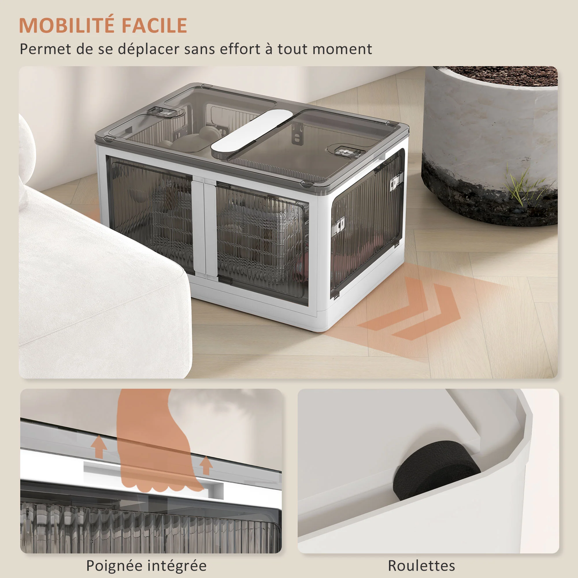 Bo?tes de rangement pliables et empilables 69L en plastique, caisses rangement 3 cubes avec couvercle et 4 roulettes, accès à 5 c?tés, pour jouets et livres, blanc - Image 7
