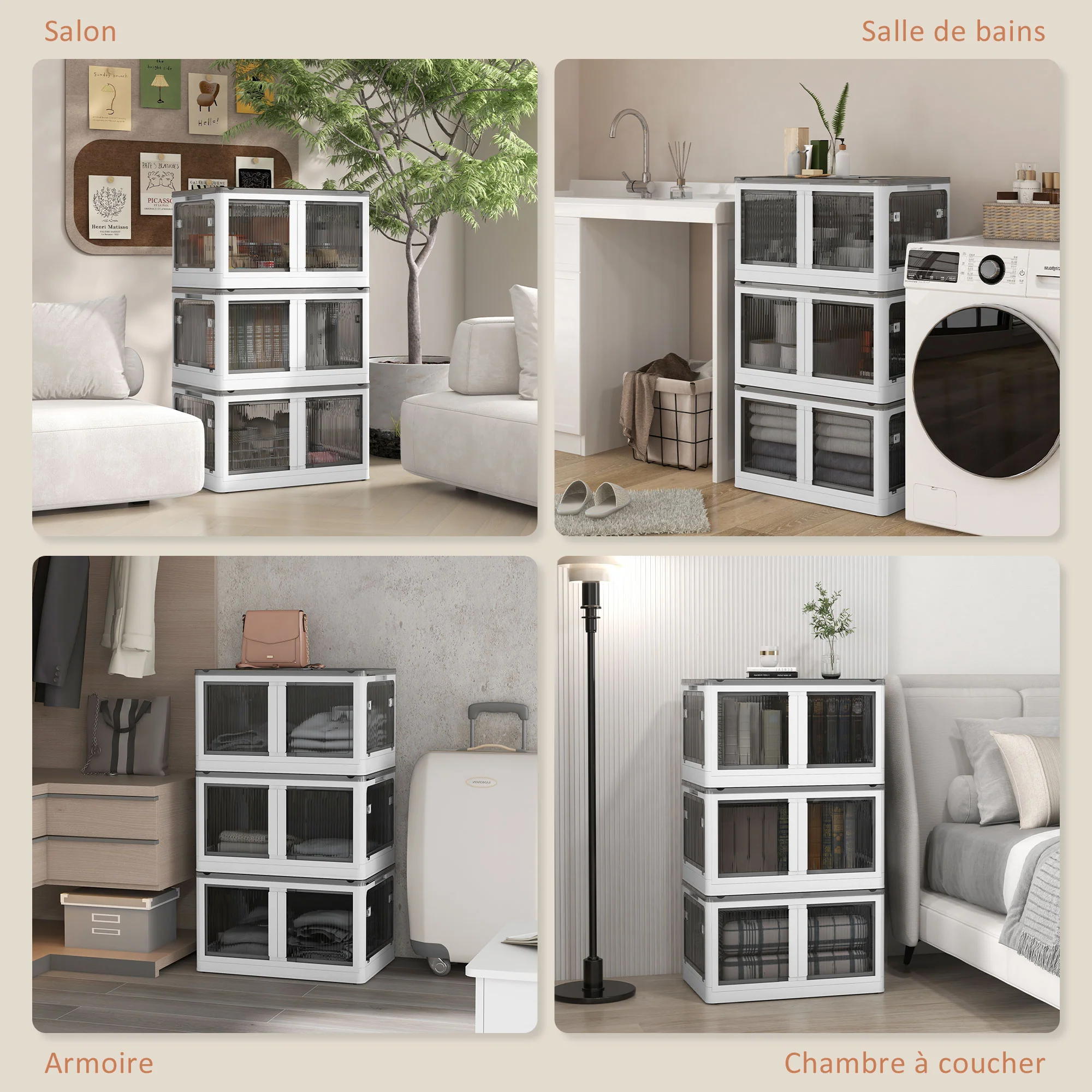 Bo?tes de rangement pliables et empilables 69L en plastique, caisses rangement 3 cubes avec couvercle et 4 roulettes, accès à 5 c?tés, pour jouets et livres, blanc - Image 8