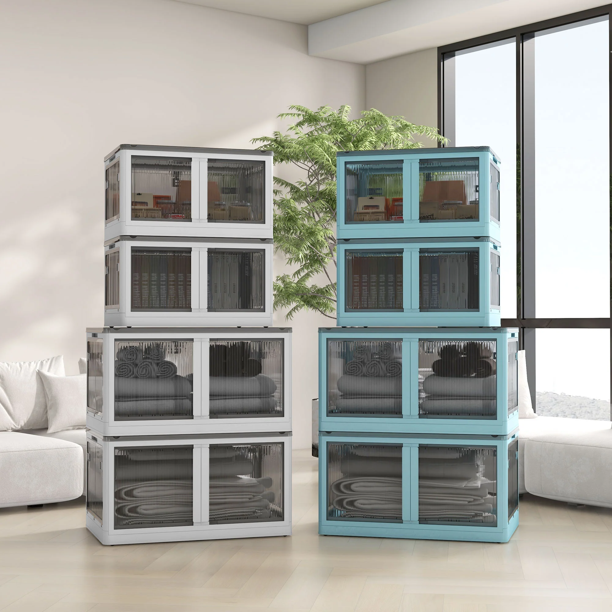 Bo?tes de rangement pliables et empilables 69L en plastique, caisses rangement 3 cubes avec couvercle et 4 roulettes, accès à 5 c?tés, pour jouets et livres, blanc - Image 9