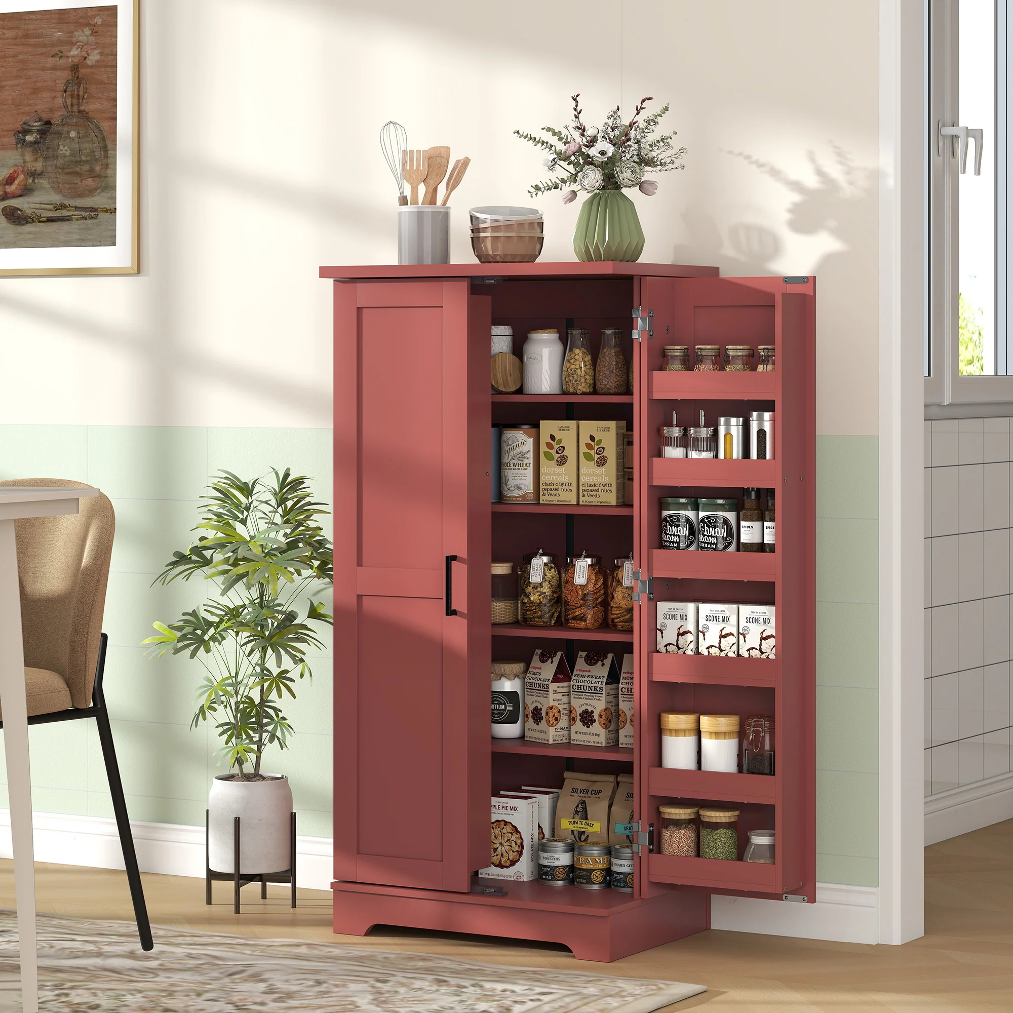 Buffet cuisine, armoire de cuisine, vaisselier, 5 niveaux, avec portes et étagères réglables, 60 x 40 x 120 cm, grain de bois, rouge - Image 11