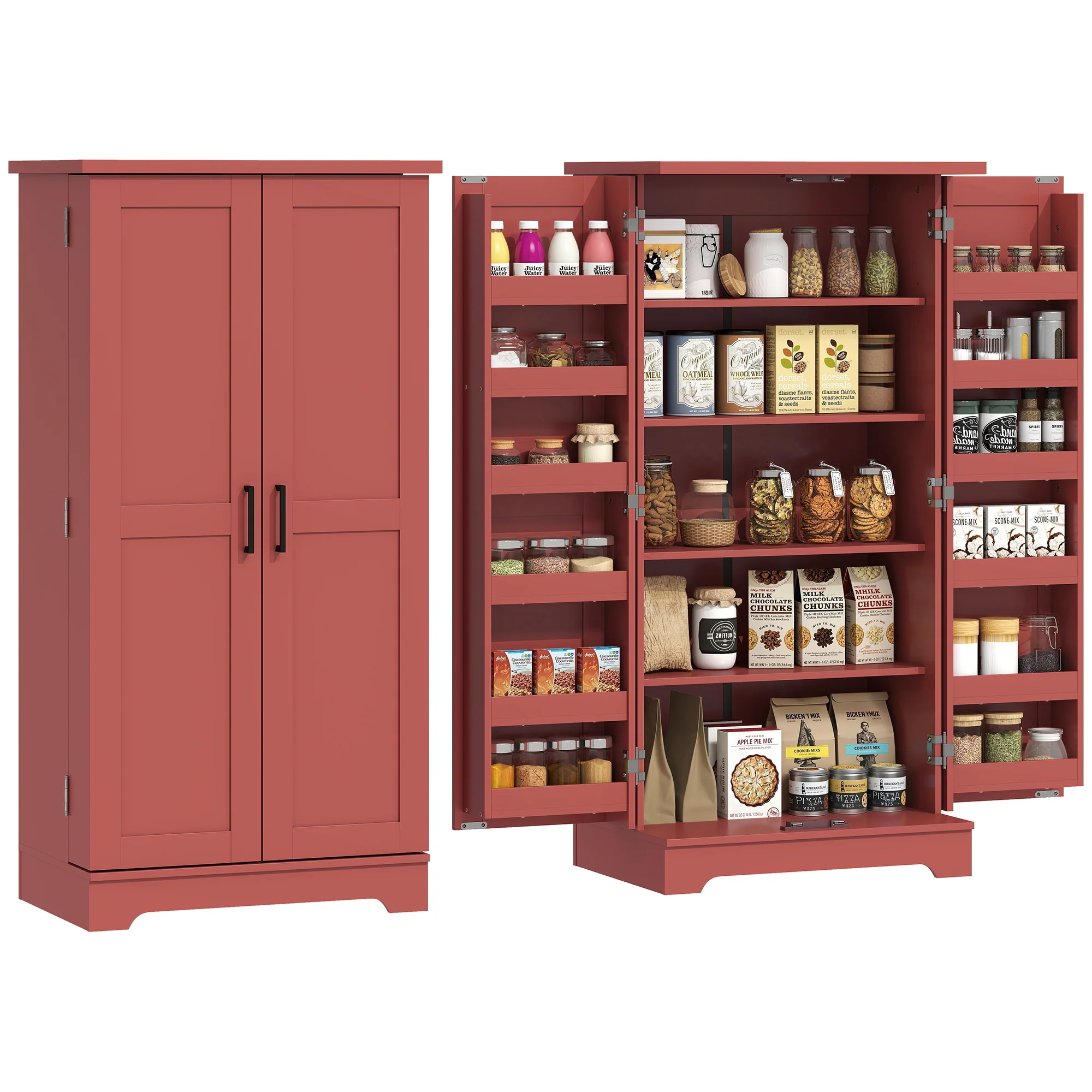 Buffet cuisine, armoire de cuisine, vaisselier, 5 niveaux, avec portes et étagères réglables, 60 x 40 x 120 cm, grain de bois, rouge - Image 12
