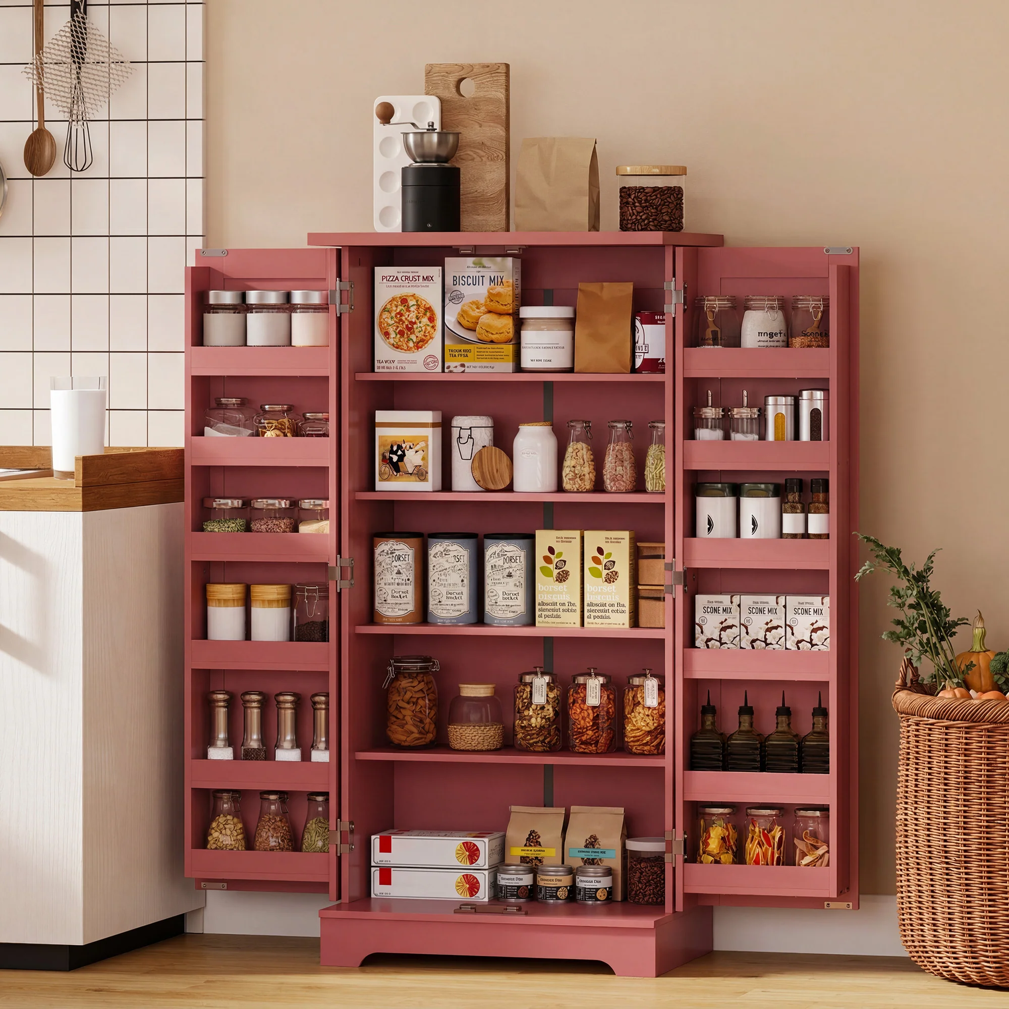 Buffet cuisine, armoire de cuisine, vaisselier, 5 niveaux, avec portes et étagères réglables, 60 x 40 x 120 cm, grain de bois, rouge - Image 3