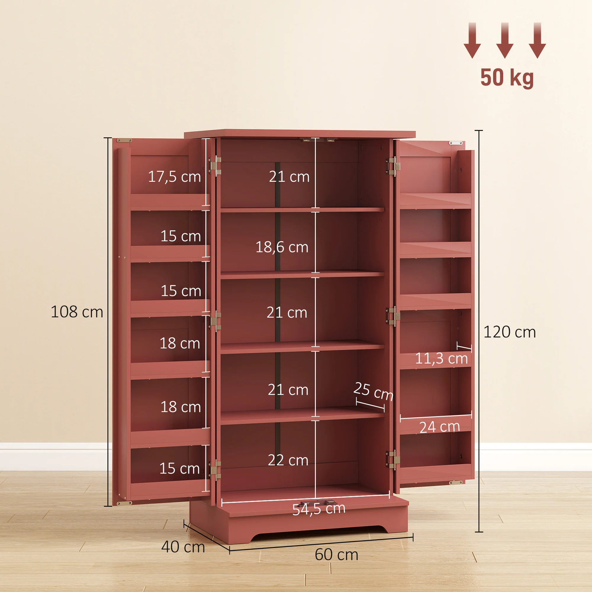 Buffet cuisine, armoire de cuisine, vaisselier, 5 niveaux, avec portes et étagères réglables, 60 x 40 x 120 cm, grain de bois, rouge - Image 4