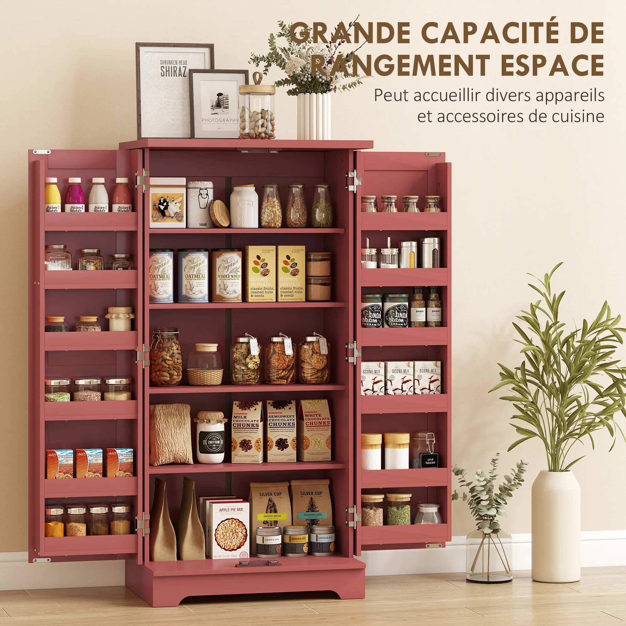 Buffet cuisine, armoire de cuisine, vaisselier, 5 niveaux, avec portes et étagères réglables, 60 x 40 x 120 cm, grain de bois, rouge - Image 5