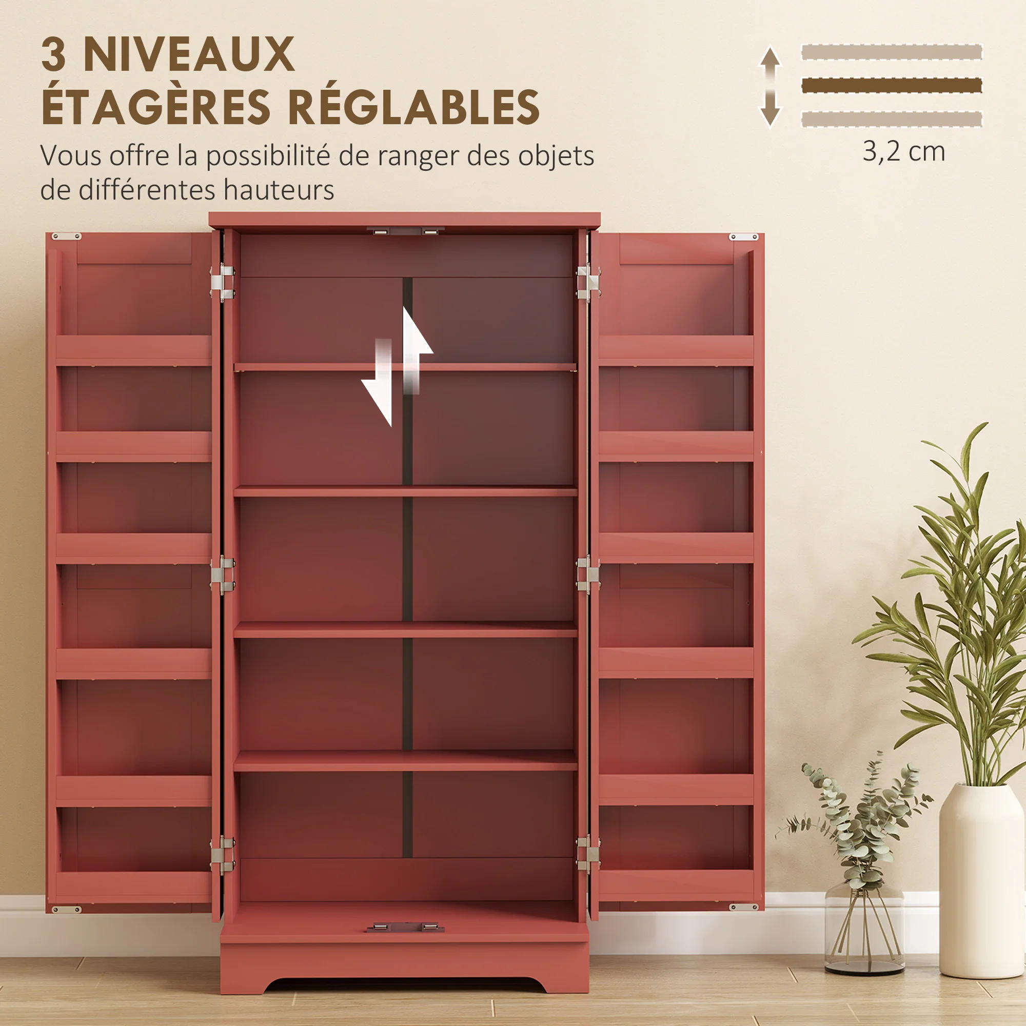 Buffet cuisine, armoire de cuisine, vaisselier, 5 niveaux, avec portes et étagères réglables, 60 x 40 x 120 cm, grain de bois, rouge - Image 6