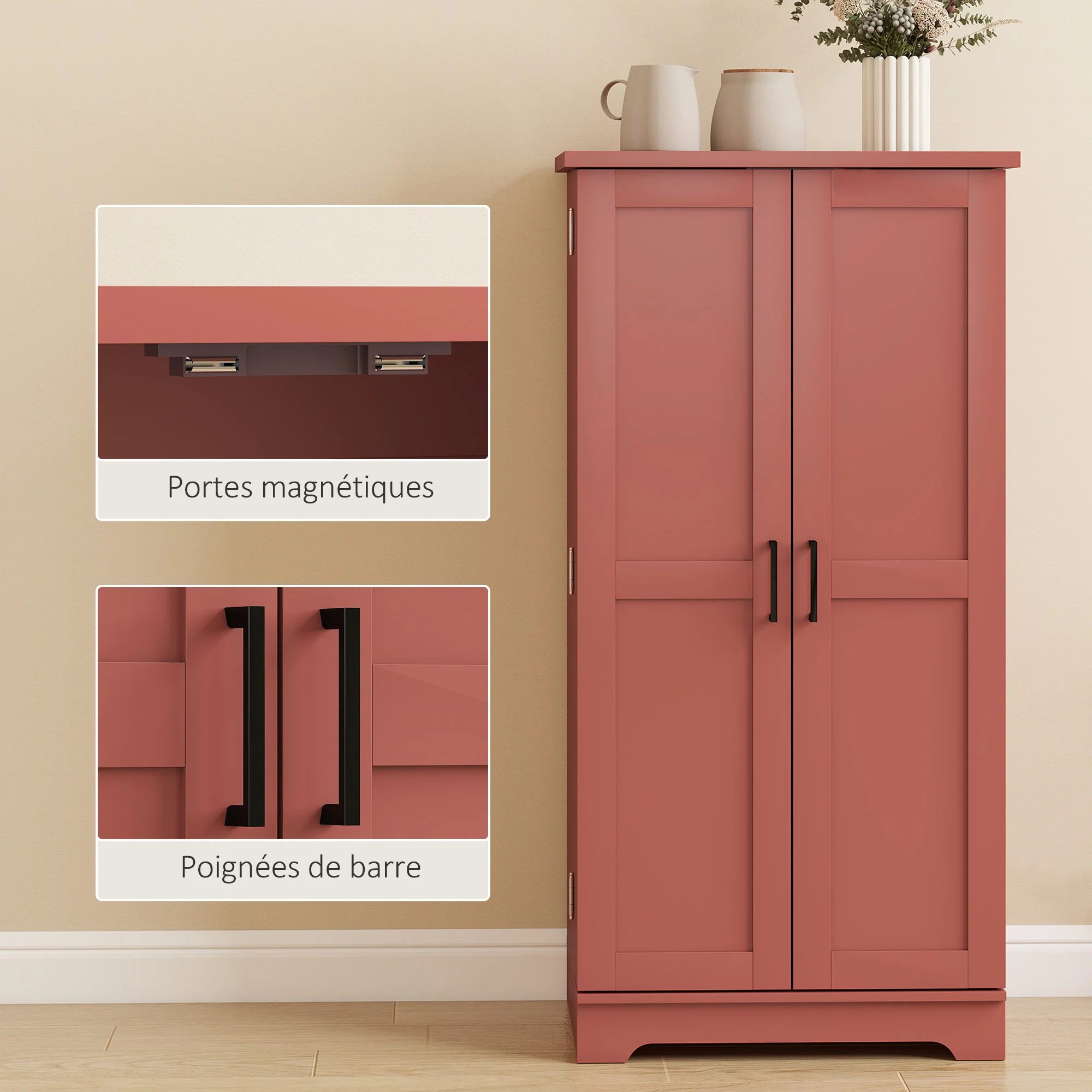 Buffet cuisine, armoire de cuisine, vaisselier, 5 niveaux, avec portes et étagères réglables, 60 x 40 x 120 cm, grain de bois, rouge - Image 7