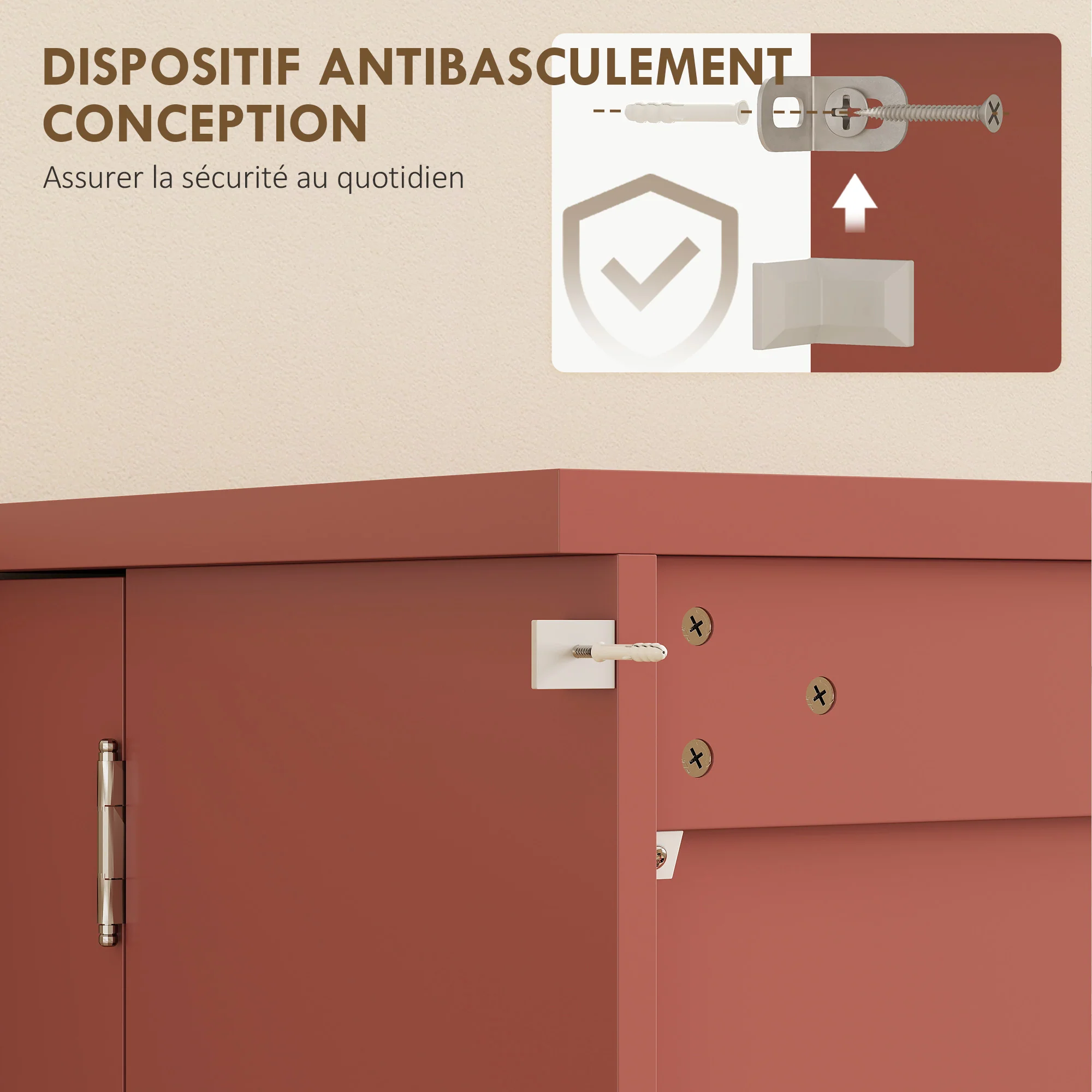 Buffet cuisine, armoire de cuisine, vaisselier, 5 niveaux, avec portes et étagères réglables, 60 x 40 x 120 cm, grain de bois, rouge - Image 8