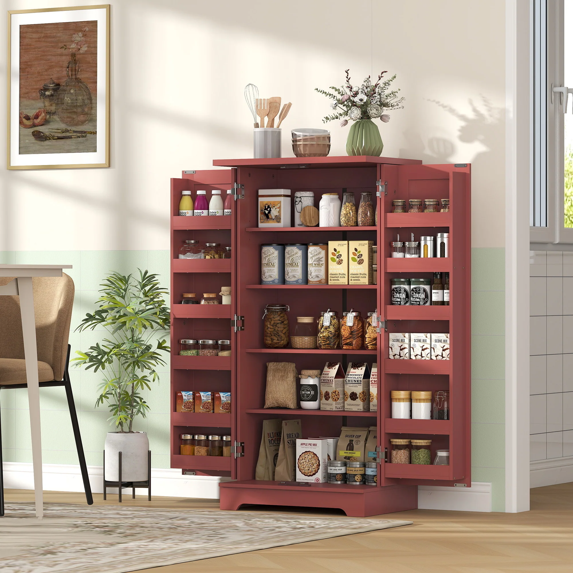 Buffet cuisine, armoire de cuisine, vaisselier, 5 niveaux, avec portes et étagères réglables, 60 x 40 x 120 cm, grain de bois, rouge - Image 9