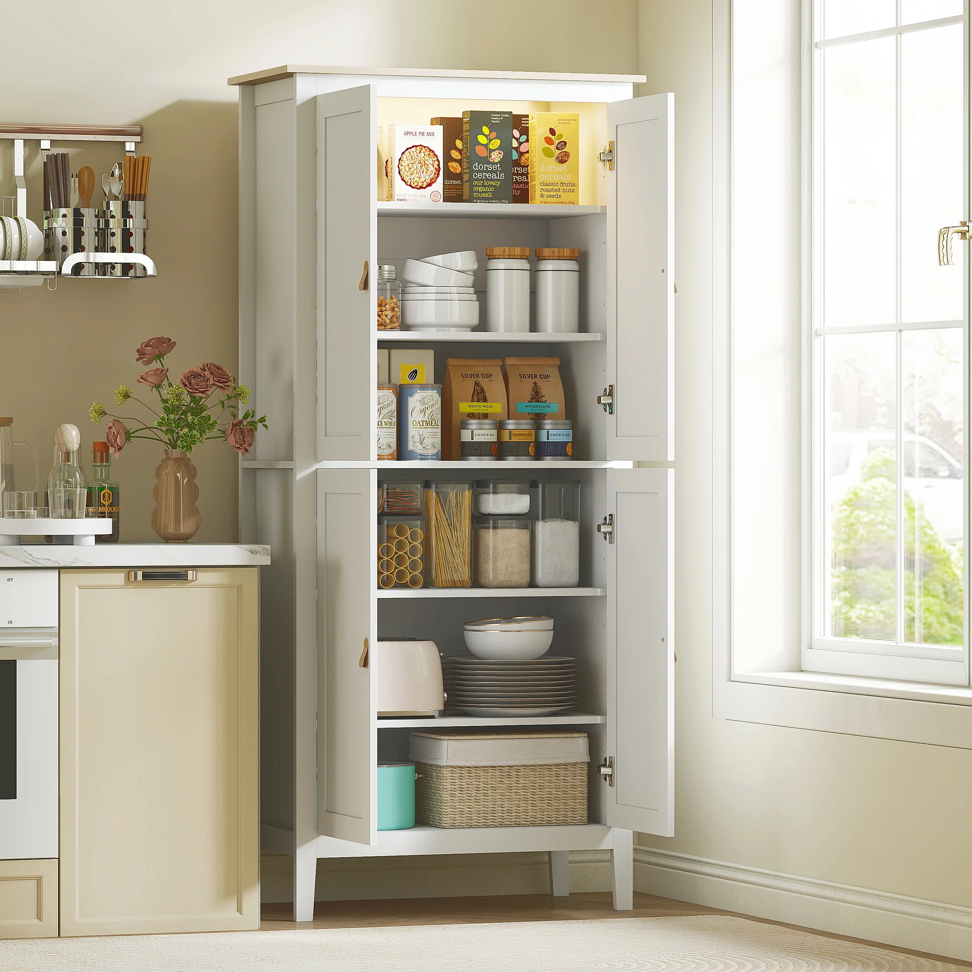 Buffet cuisine avec LED réglable et détecteur de mouvement, meuble cuisine rangement haut, meuble de rangement avec placards à double porte et étagères réglables, 80 x 40 x 176,5 cm, blanc - Image 3