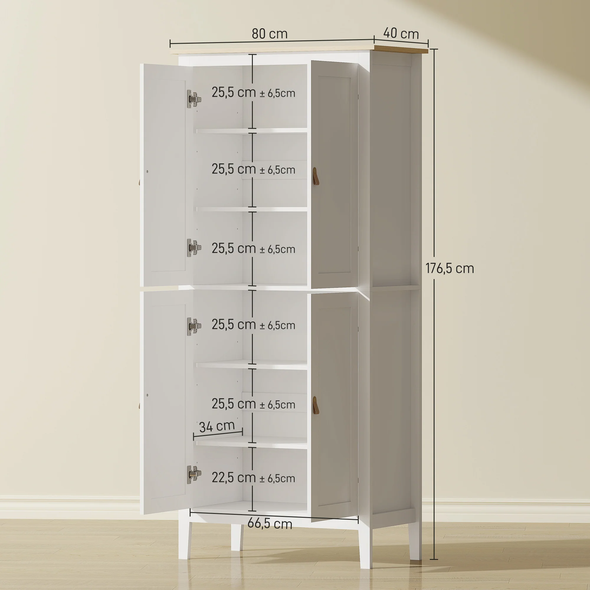 Buffet cuisine avec LED réglable et détecteur de mouvement, meuble cuisine rangement haut, meuble de rangement avec placards à double porte et étagères réglables, 80 x 40 x 176,5 cm, blanc - Image 4