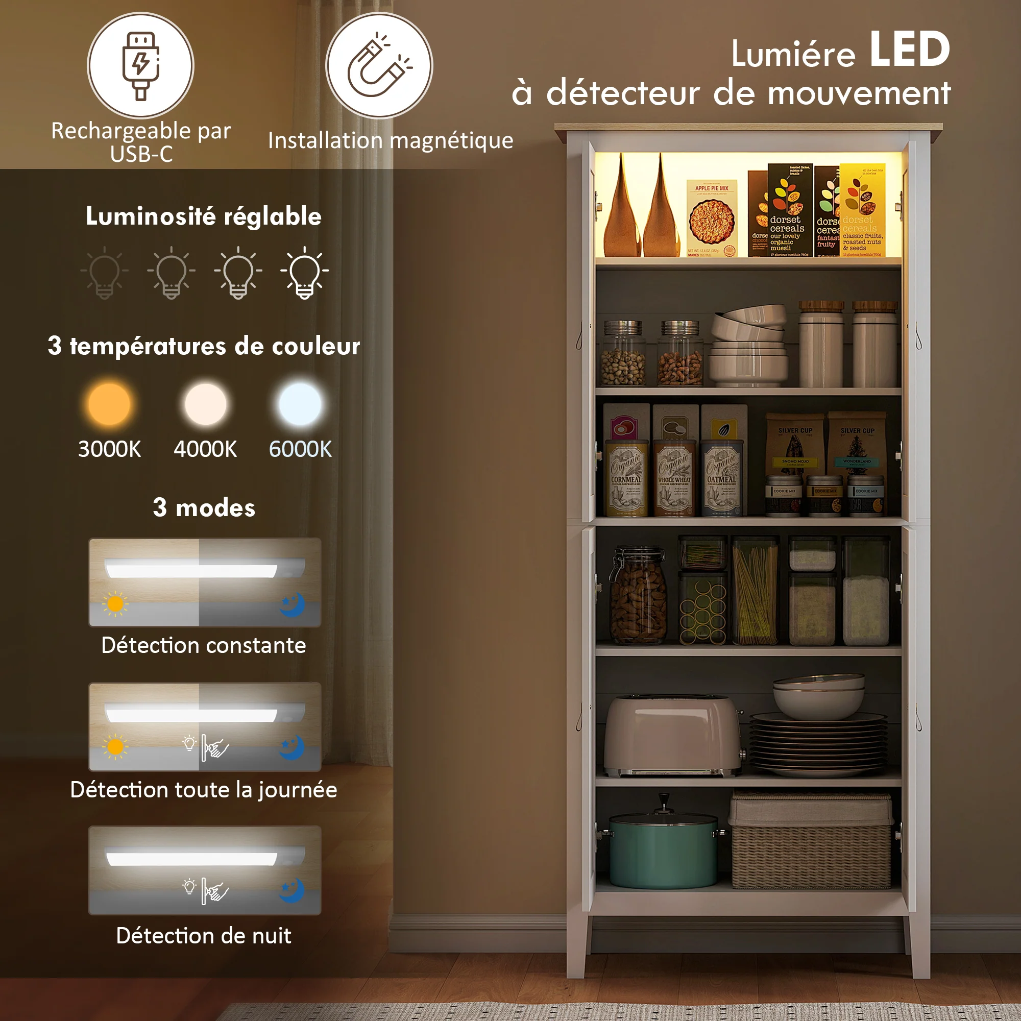 Buffet cuisine avec LED réglable et détecteur de mouvement, meuble cuisine rangement haut, meuble de rangement avec placards à double porte et étagères réglables, 80 x 40 x 176,5 cm, blanc - Image 5